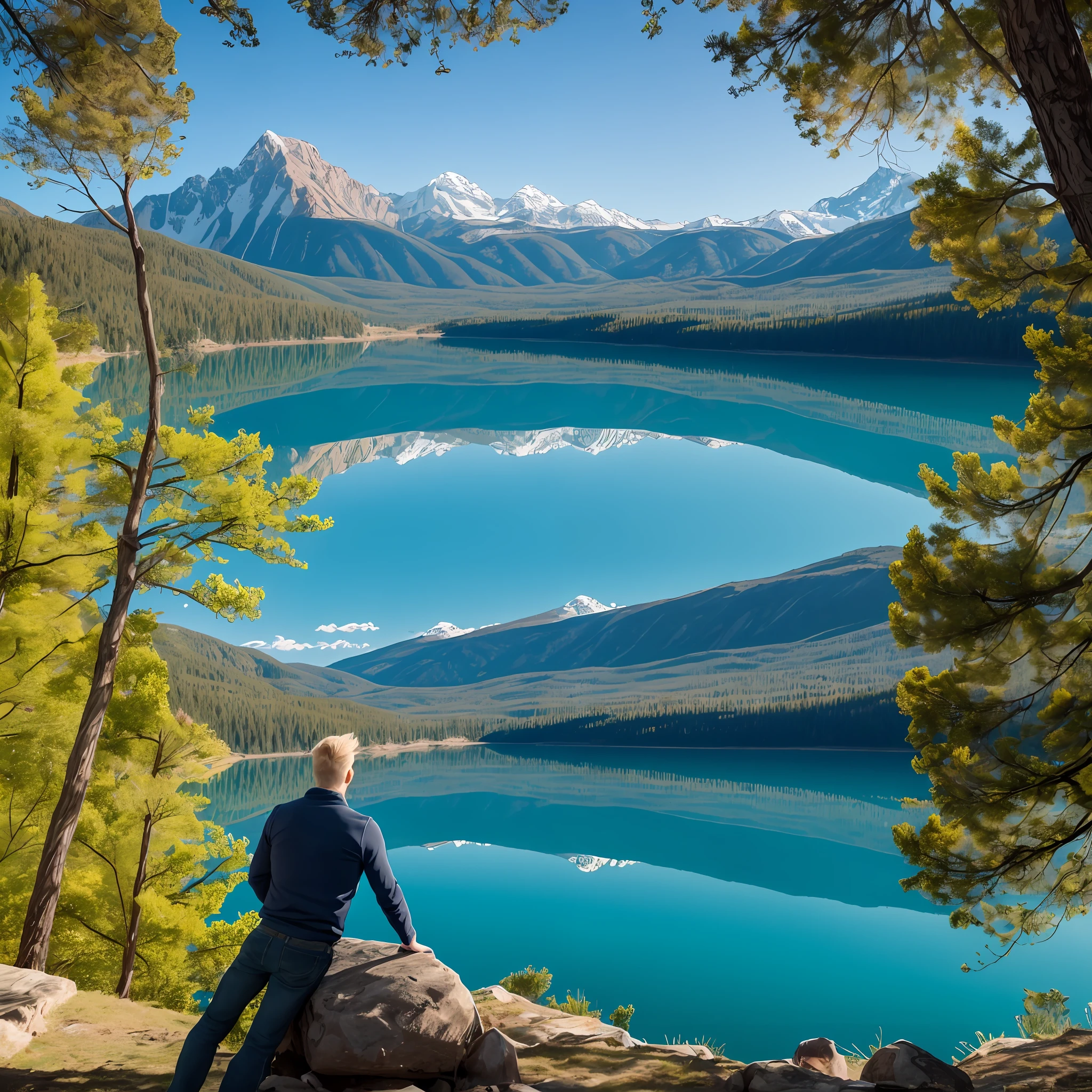 Blonde boy looking passionately at a lake that reflects the snowy mountains, with blue sky, the lake surrounded by green trees in 4k --auto