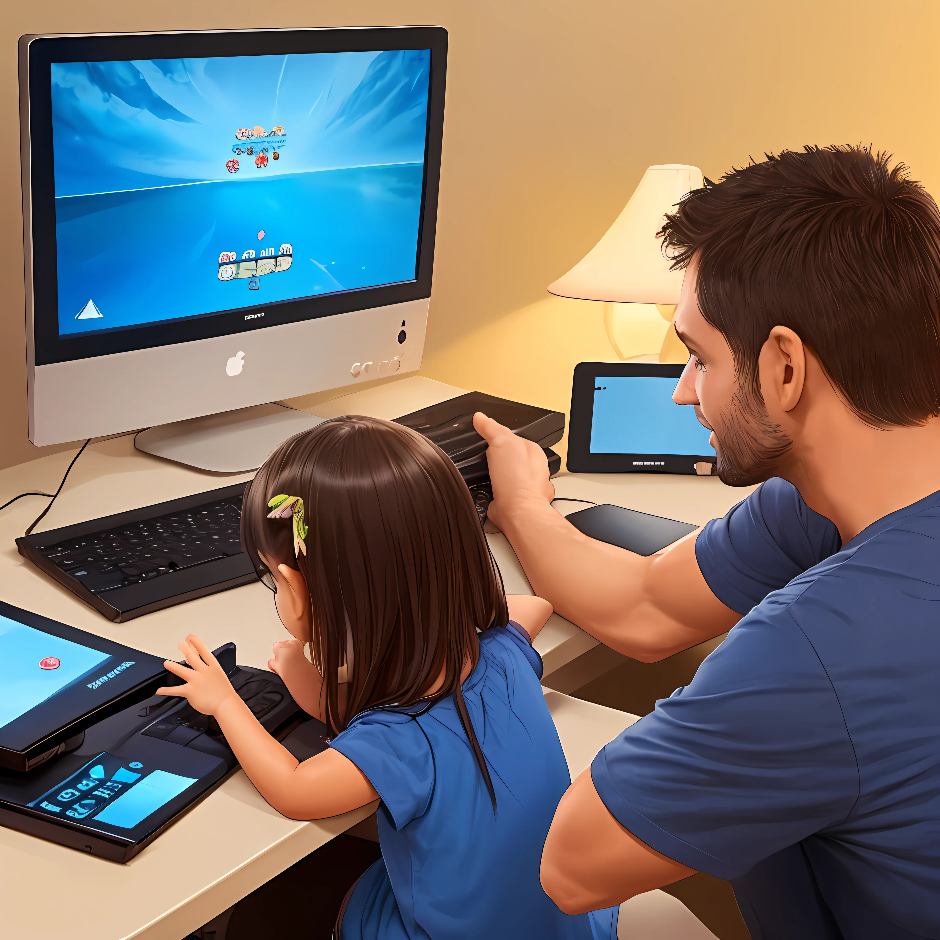 father and daughter playing game on computer --auto