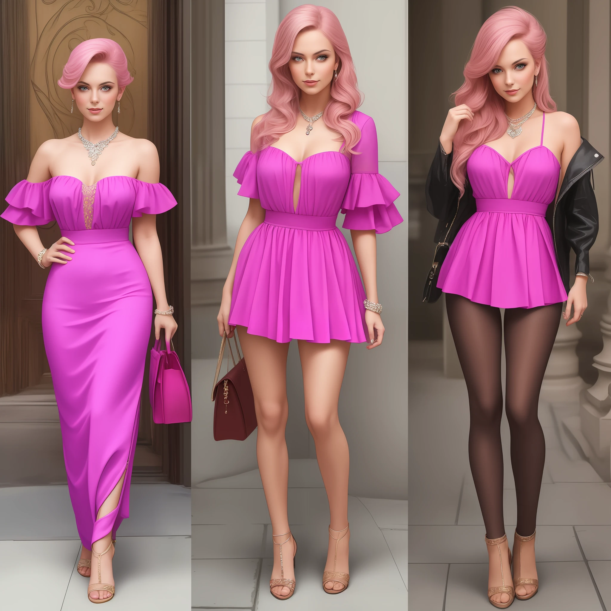 photo of a beautiful woman in pink posing different, snapshots of iconic Hollywood stars, full body --q 2 --s 750
