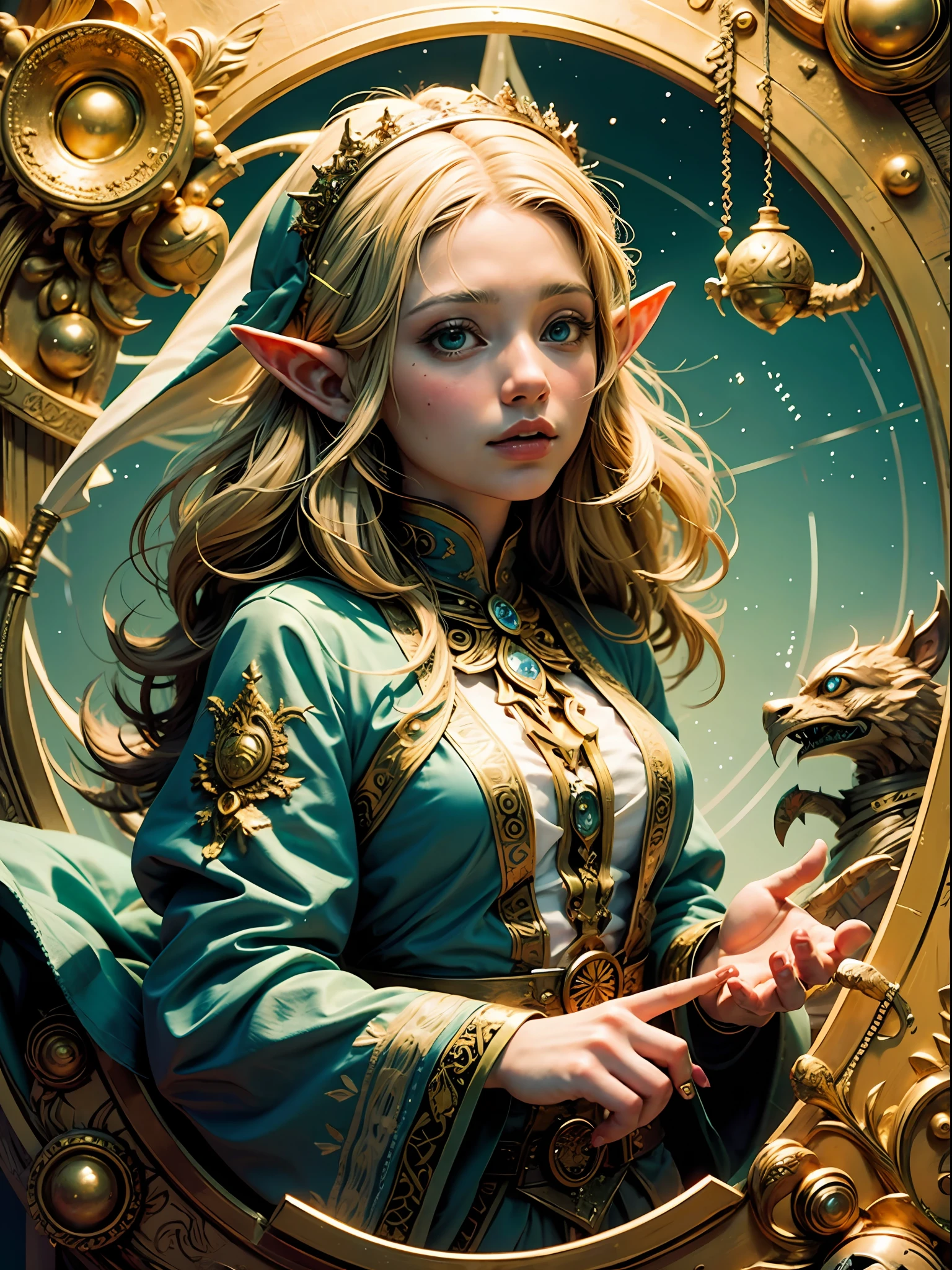 ((Beautiful Elf Maiden)), hands outstretched, 8k wallpapers, super detailed, beautiful and aesthetic, high quality, beauty, masterpiece, best quality, (zentangle, mandala, tangled, entanglement: 0.6), dynamic perspective