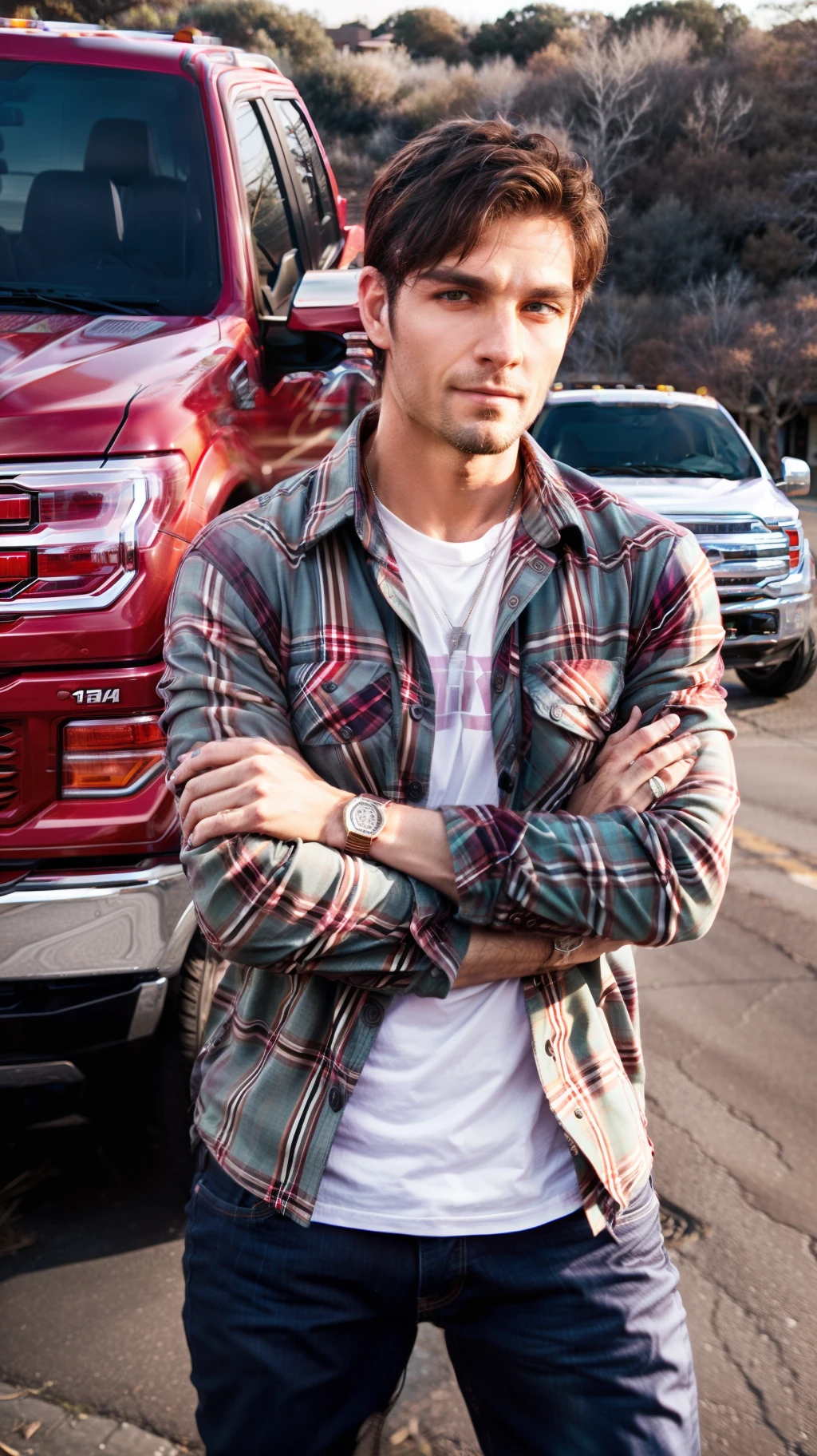 Sporting a casual yet rugged look, this person wears jeans, a plaid shirt, and a leather jacket. They have a confident and friendly expression, reflecting the brand's reliability and approachability. Behind them, a Ford F-150, the epitome of toughness and versatility, adds a touch of strength to the scene