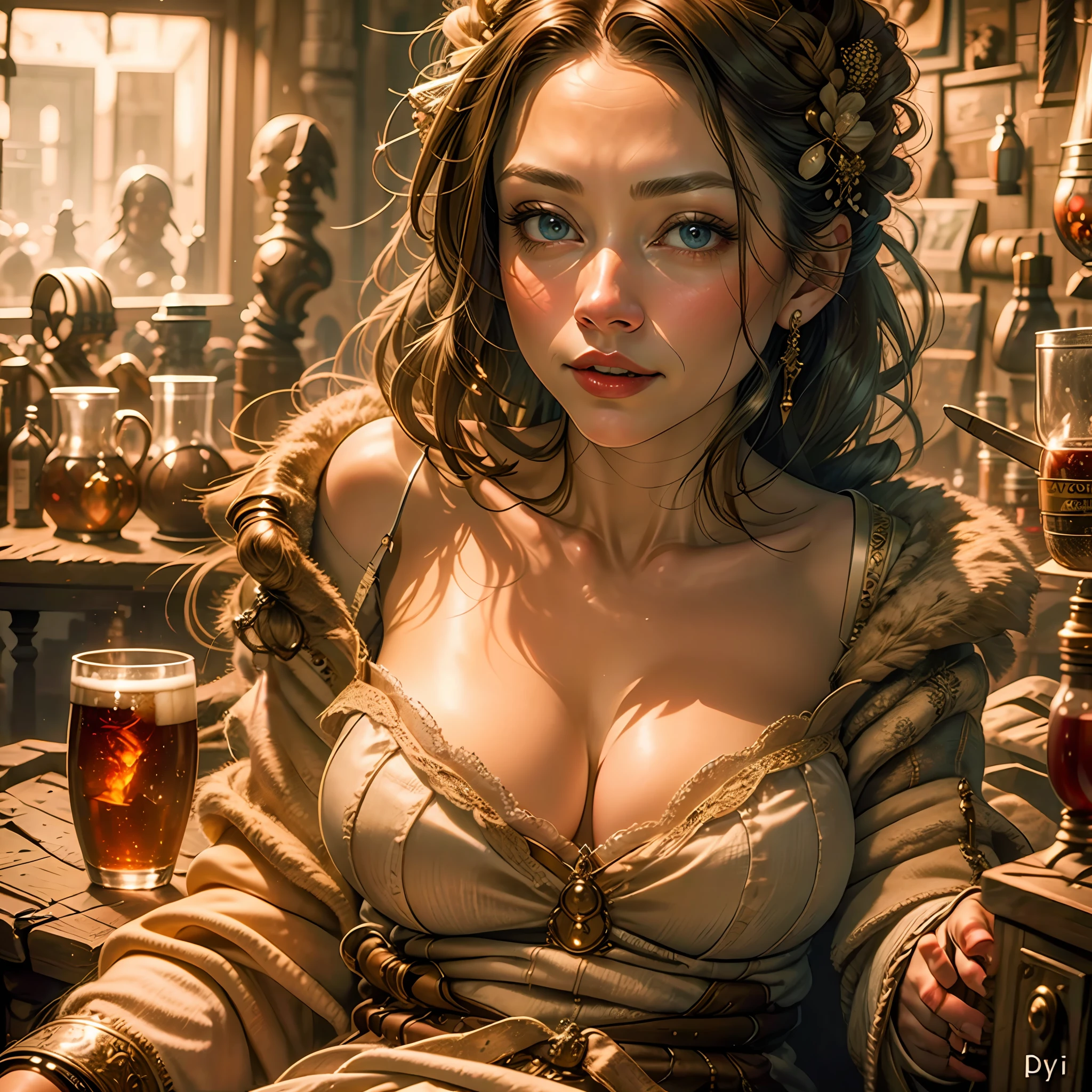 beautiful ginger women in detailed dress at cozy detailed potions shop, air above hair, IPA award wining, masterpiece