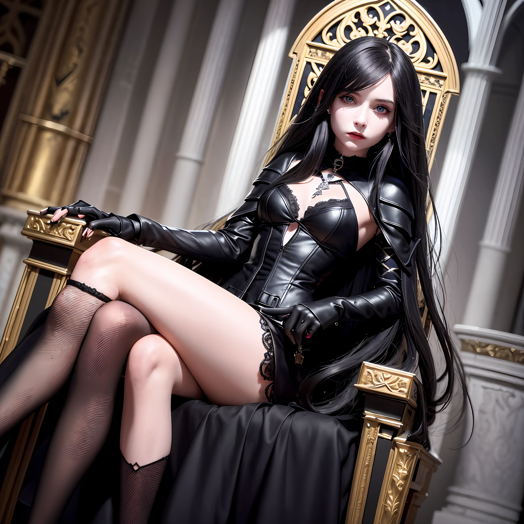 Realistically, a beautiful young vampire princess sits on a throne in a cathedral, she wears black armor and a long black coat, she has tattoos and history piercing and wears many rings and chains, in her right hand she has a revolver
