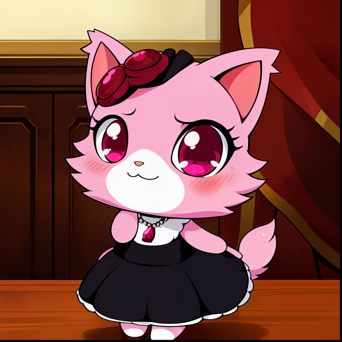 4k, masterpiece, anime cat, 1girl, cat, pink cat, Garnet, Garnet3.0(FurryHaven), animal, Persian cat, body fur, neckless, jewelry, child, chibi, goth dress