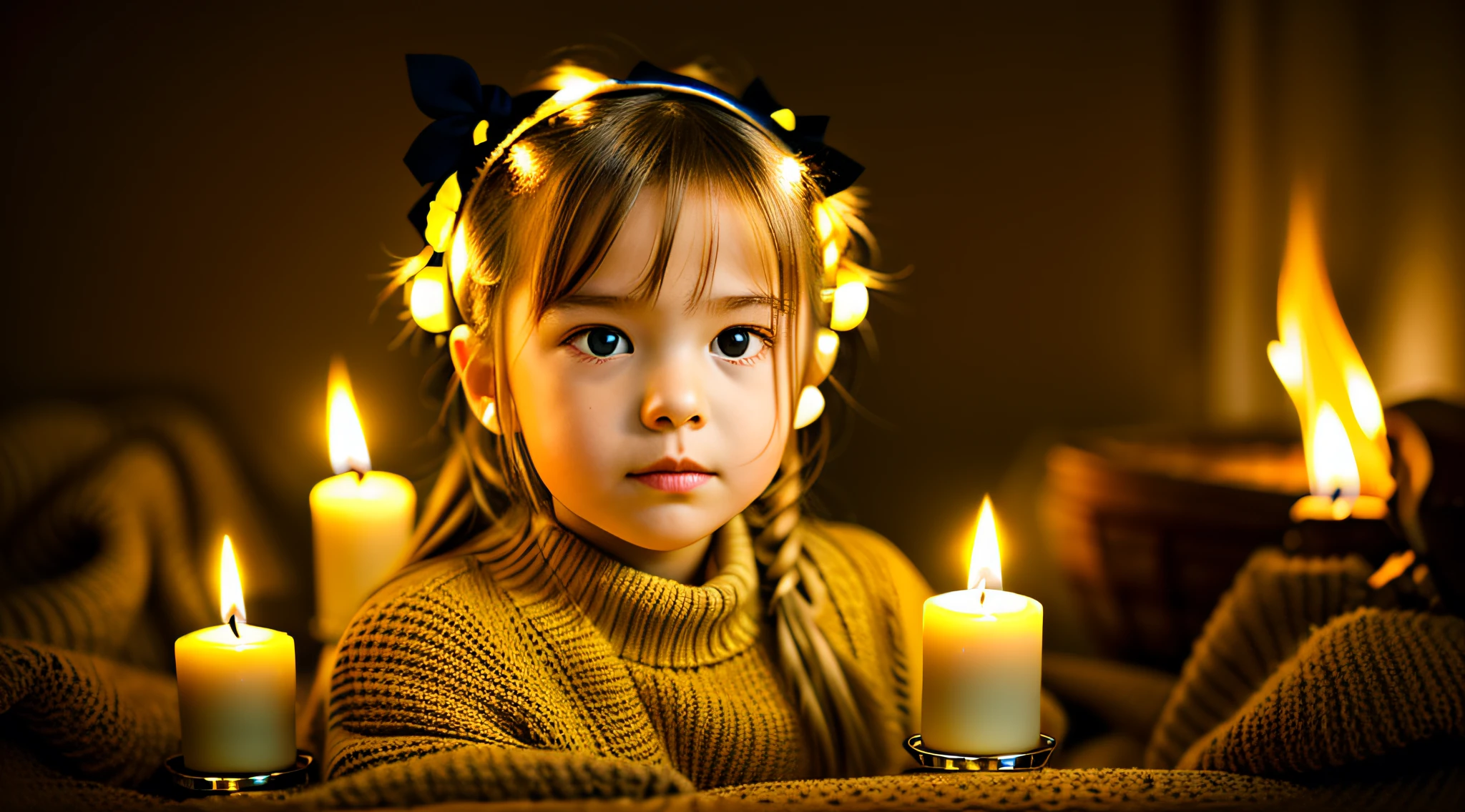 CHILD girl with long BLONDE hair wearing a YELLOW sweater and muffled black ears. AND CANDLES LIT.