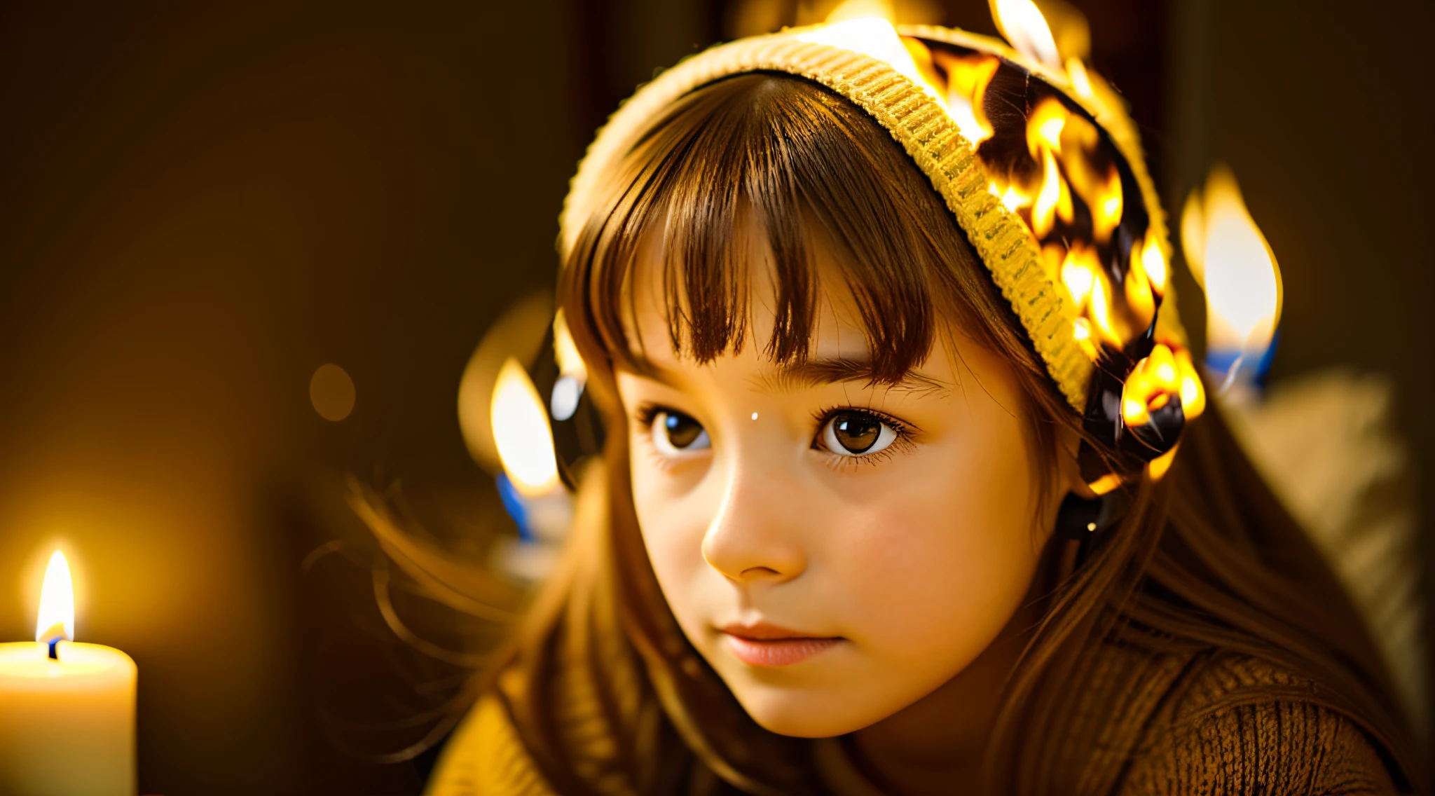 CHILD girl with long BLONDE hair wearing a YELLOW sweater and muffled black ears. AND CANDLES LIT.