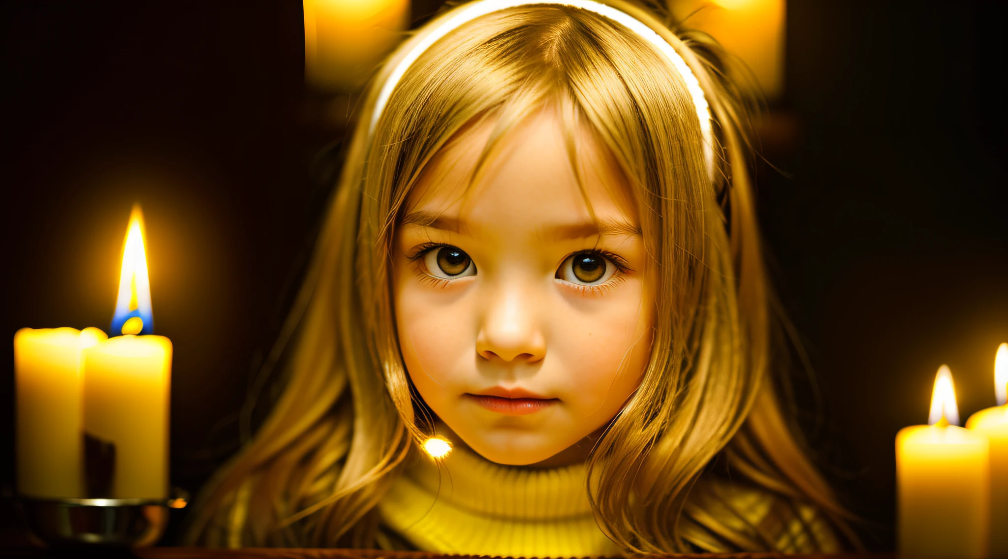 CHILD girl with long BLONDE hair wearing a YELLOW sweater and muffled black ears. RED BACKGROUND. AND CANDLES LIT.