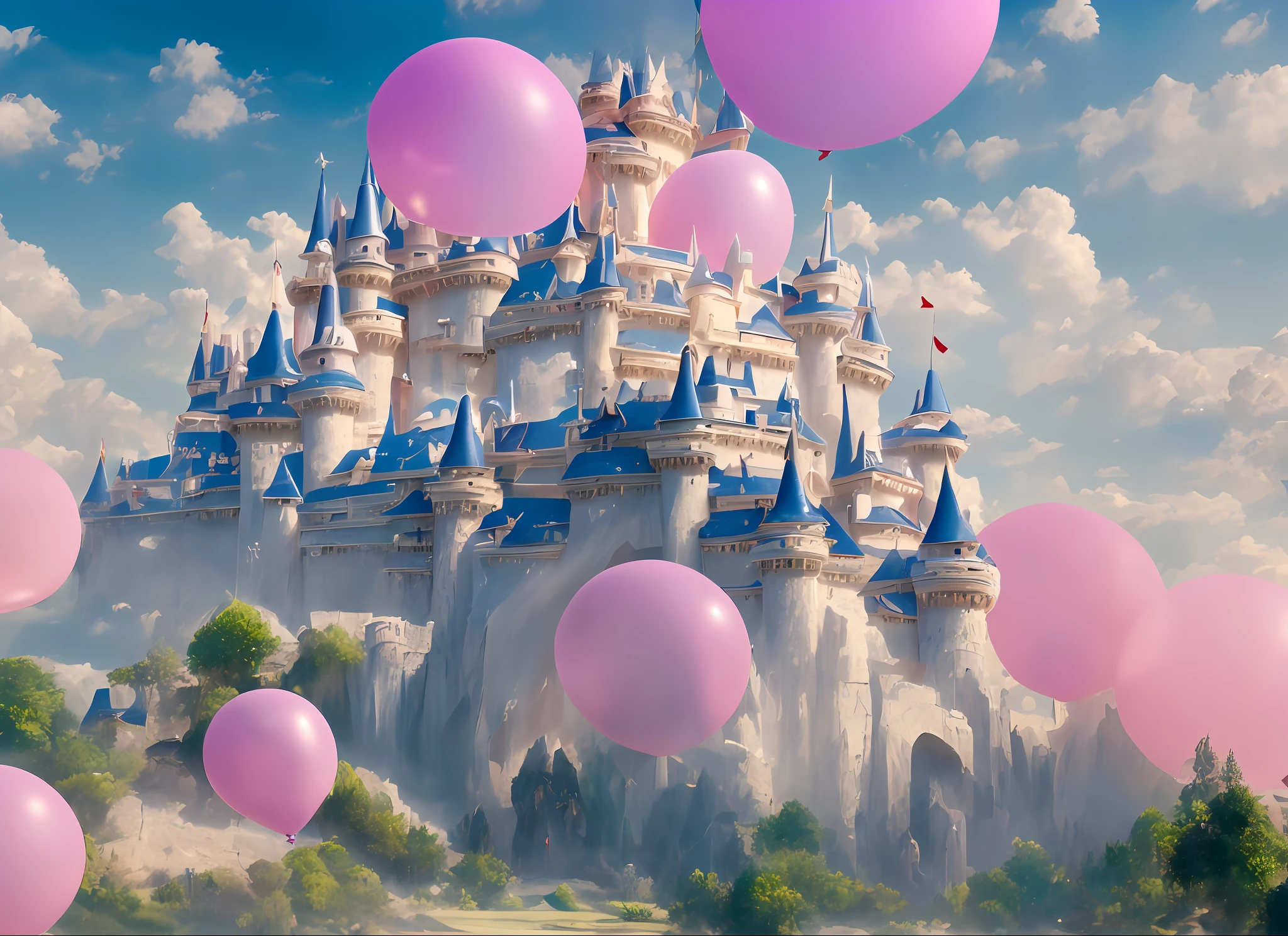 there are many balloons flying over a castle with a pink castle, beautiful render of a fairytale, flying cloud castle, inside her surreal vr castle, global illumination. vfx, disney render, castles floating in mid air, magical realism style, photorealistic disney, palace floating in the sky, flying castle, fantasy matte painting,cute, in style of disney animation --auto --s2