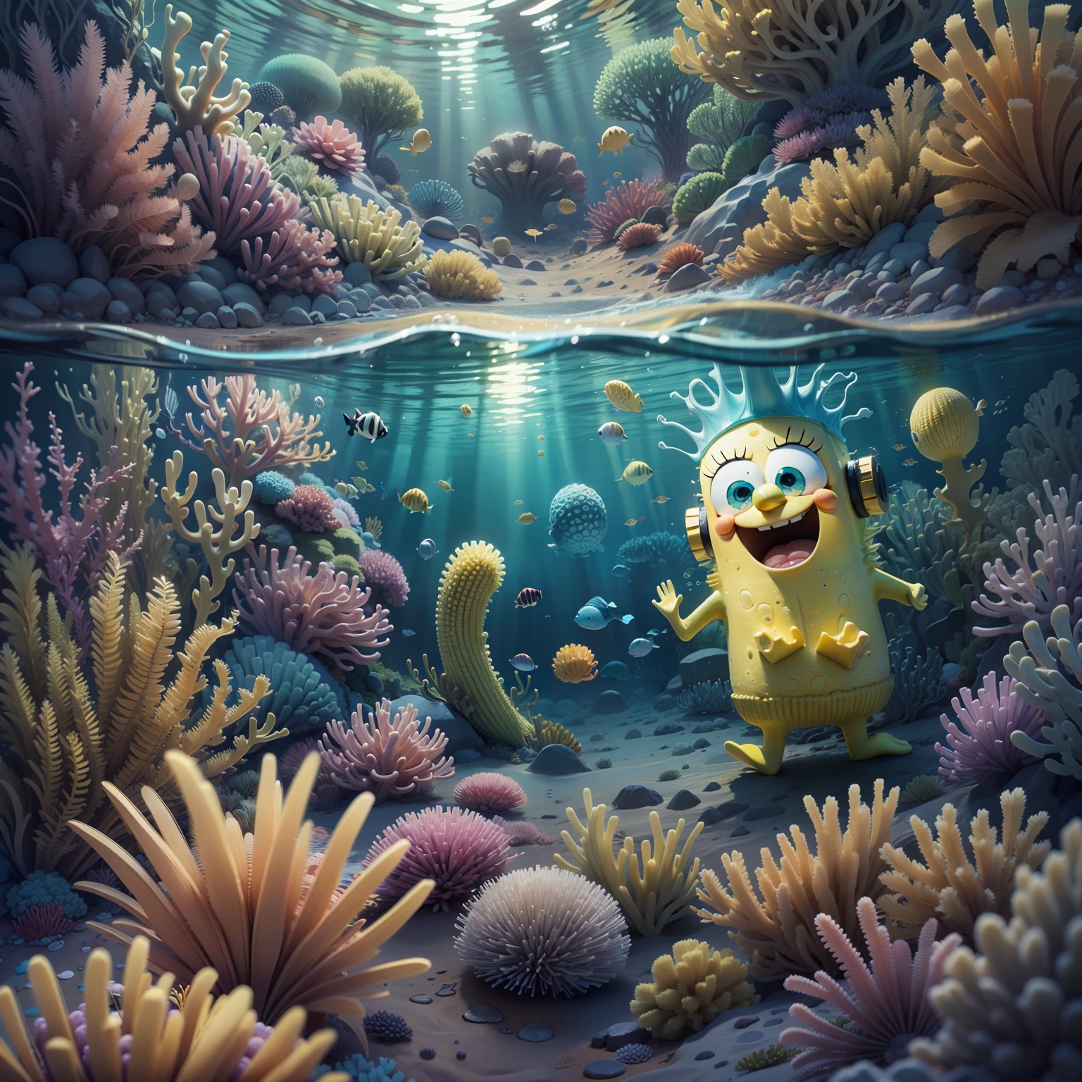 Create a sponge from the bottom of the sea, from the drawing SpongeBob SquarePants, on the bottom of the sea, happy. --auto