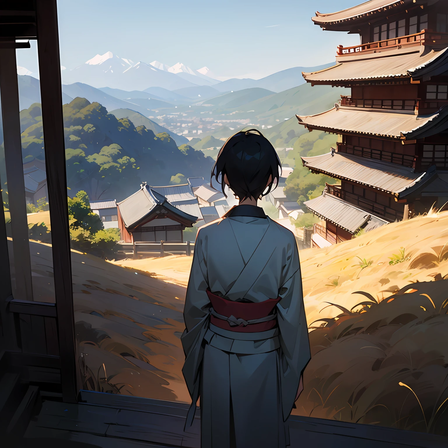 young Japanese man named kai looking beyond the borders of his village into the distance dissatisfied --auto