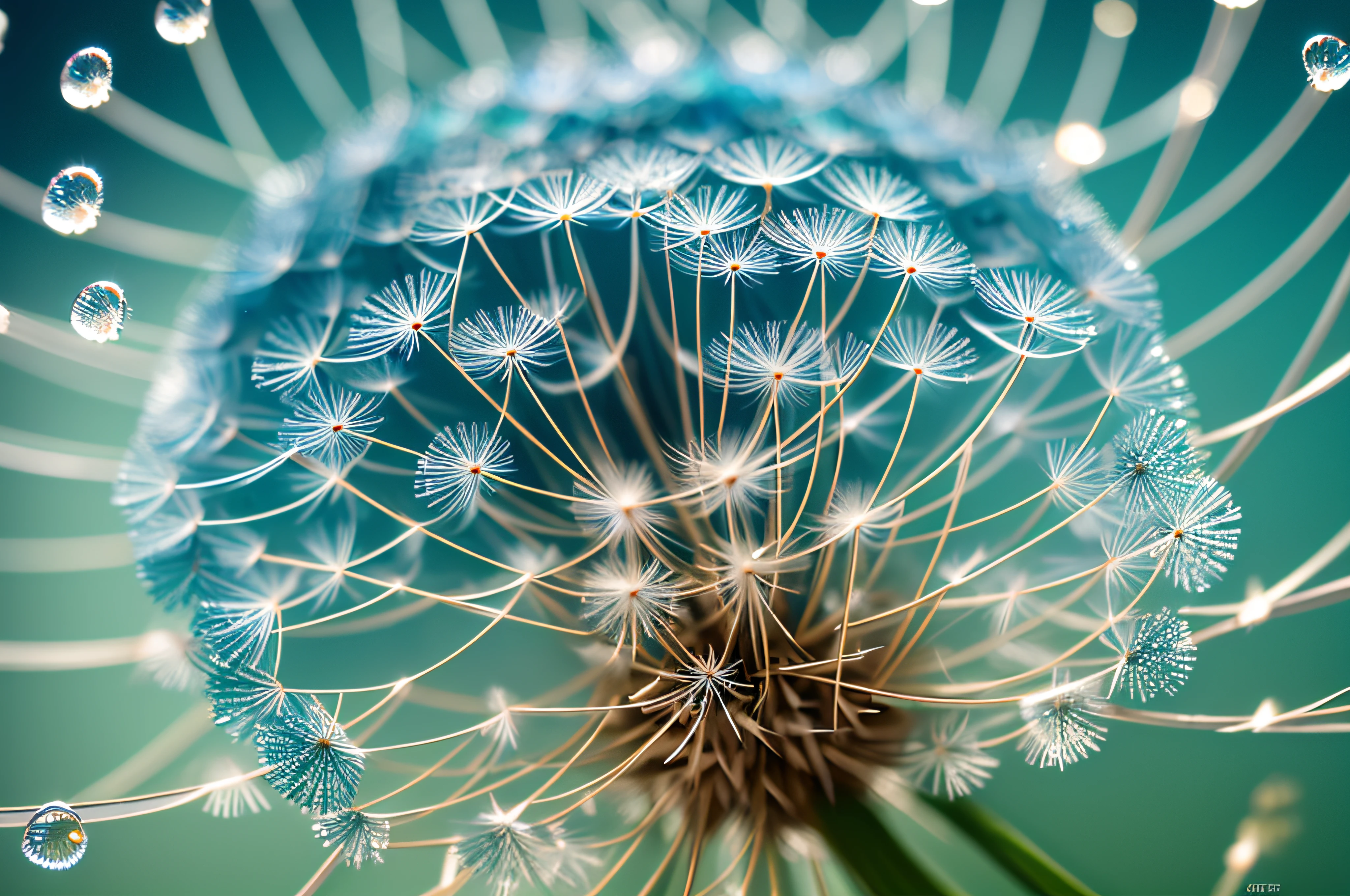 arafed photograph of a dandelion with water droplets on it, beautiful macro close-up imagery, canvas print, macro bokeh ”, dew, glowing dandelion seed storm, nature macro, fiber-optics, teal lights, macro image, optical fiber, close - up bokeh, intricate macro closeup, soft blue light, magical background, magical fairy background --auto --s2