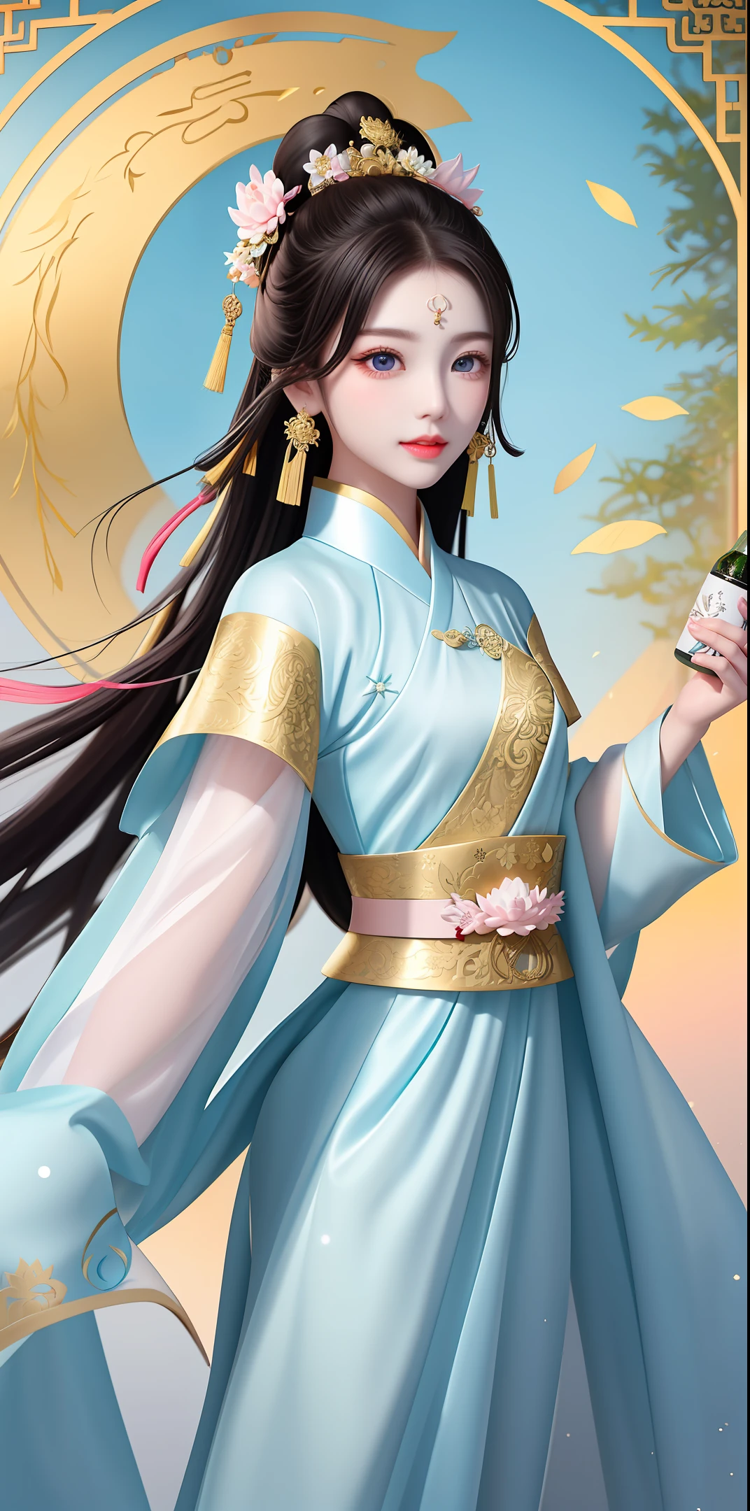 Black hair flowing long hair, gold ornaments, ancient Chinese white clothes, blue eyes, background lotus leaves, pink lotus water neutral, Guanyin solemn, dressed in heavenly clothes, soft face, male and female, eyebrows like small moons, eyes like double stars. Both atmospheric and domineering, jade face happy, vermilion lips red. The clean bottle of manna is in full bloom every year, and the diagonal insert is young and young