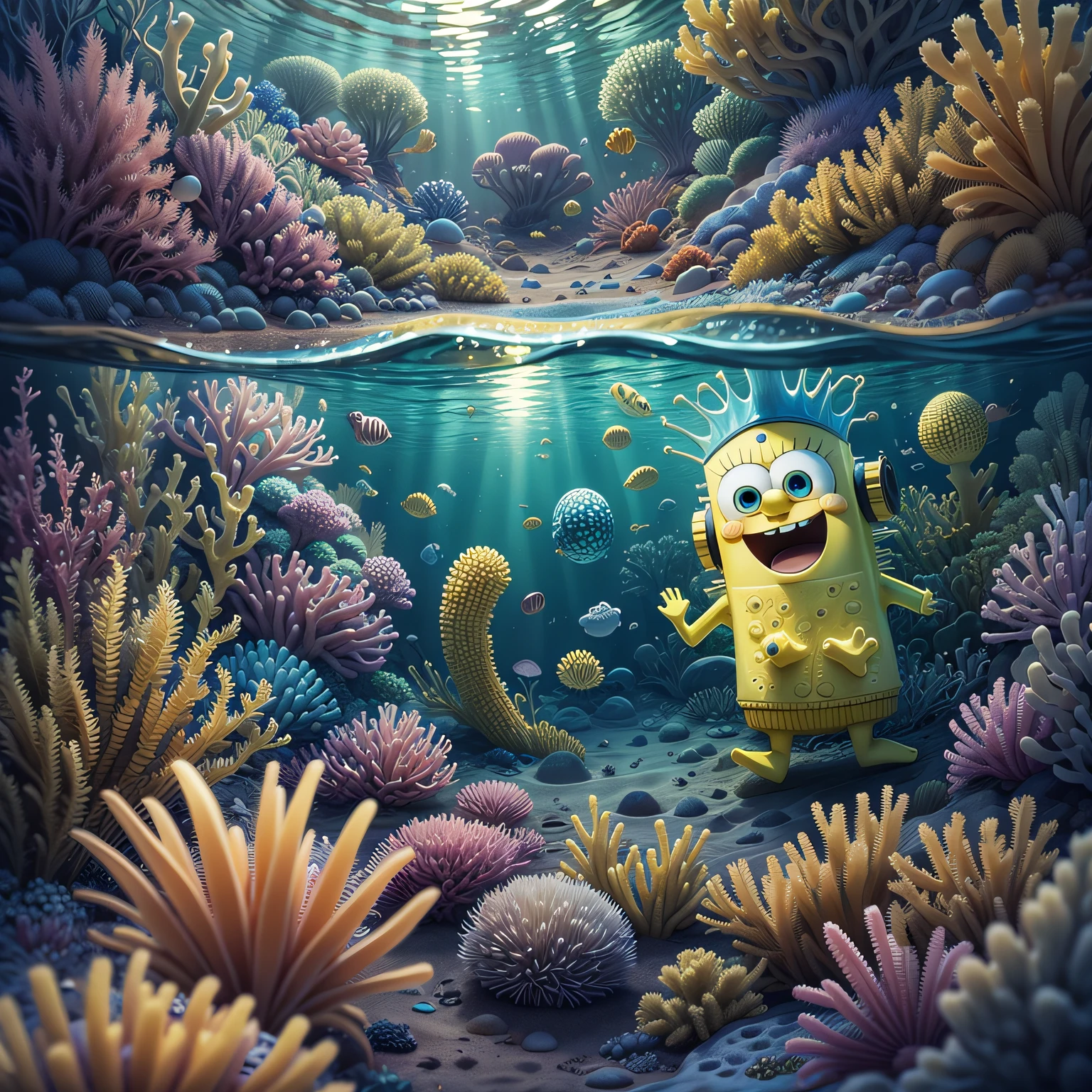 Create a sponge from the bottom of the sea, from the drawing SpongeBob SquarePants, on the bottom of the sea, happy. --auto