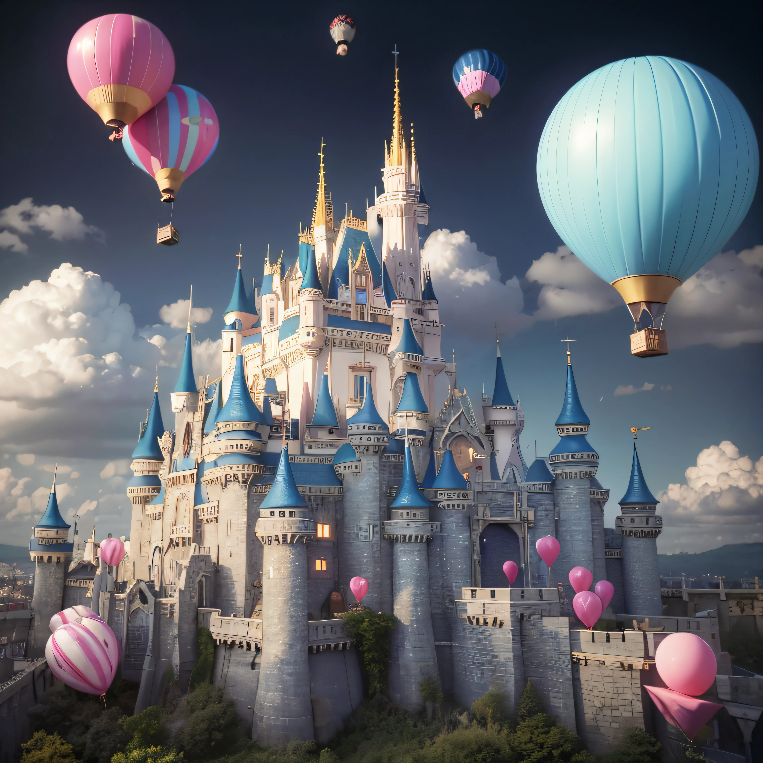 there are many balloons flying over a castle with a pink castle, beautiful render of a fairytale, flying cloud castle, inside her surreal vr castle, global illumination. vfx, disney render, castles floating in mid air, magical realism style, photorealistic disney, palace floating in the sky, flying castle, fantasy matte painting,cute, in style of disney animation