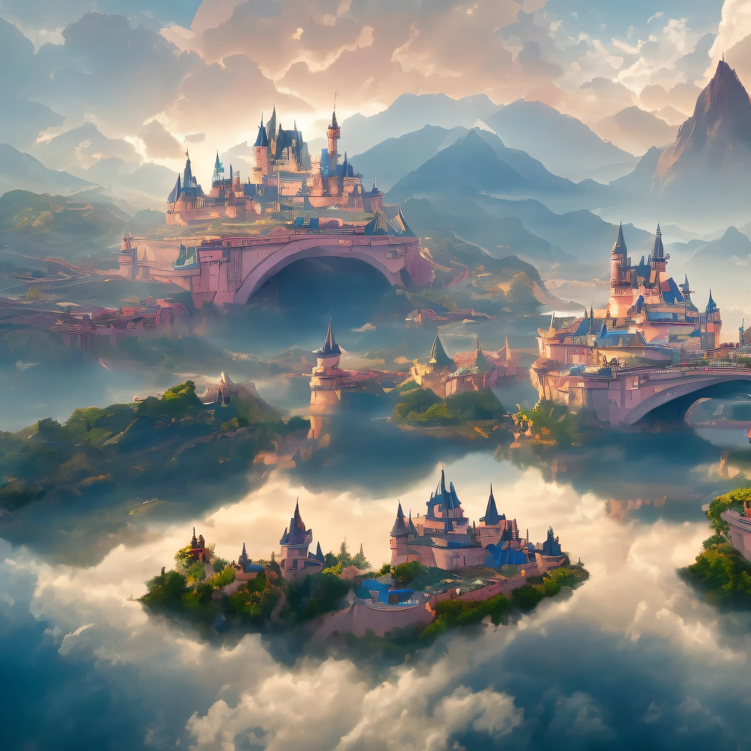 Pink castle, fairytale beautiful rendering, global illumination. VFX, Disney Rendering, Castle Floating in Mid-Air, Magical Realism Style, Palace Floating in the Sky, Flying Castle, Fantasy Matte Painting, City in the Clouds, Cute, Disney Animation Style --auto
