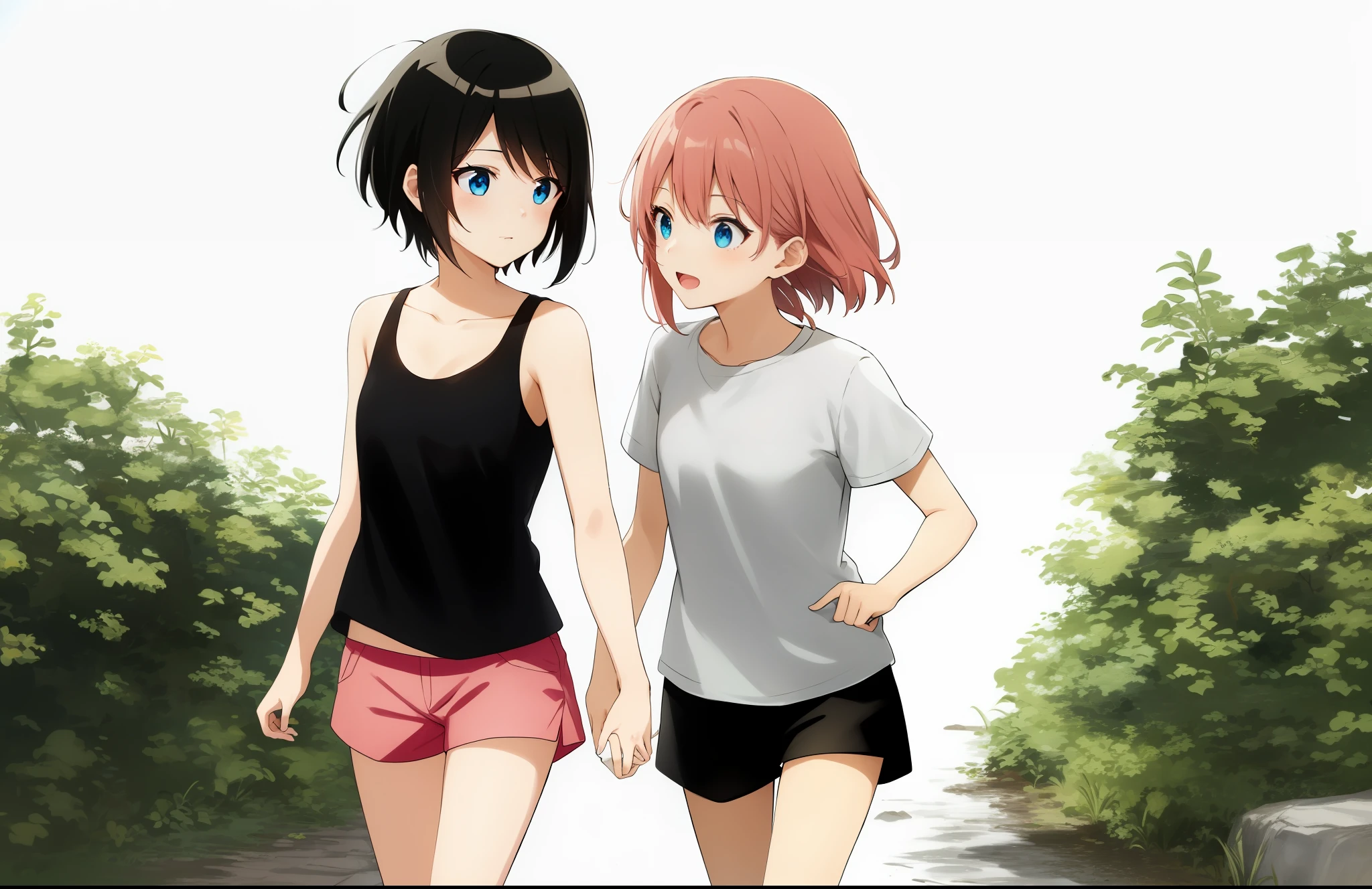 Two anime sisters walking together and talking, the older sister has short black hair, black tank top, pink shorts and blue eyes, and the younger has pink hair, blue eyes, and wears a white T-shirt with black shorts.