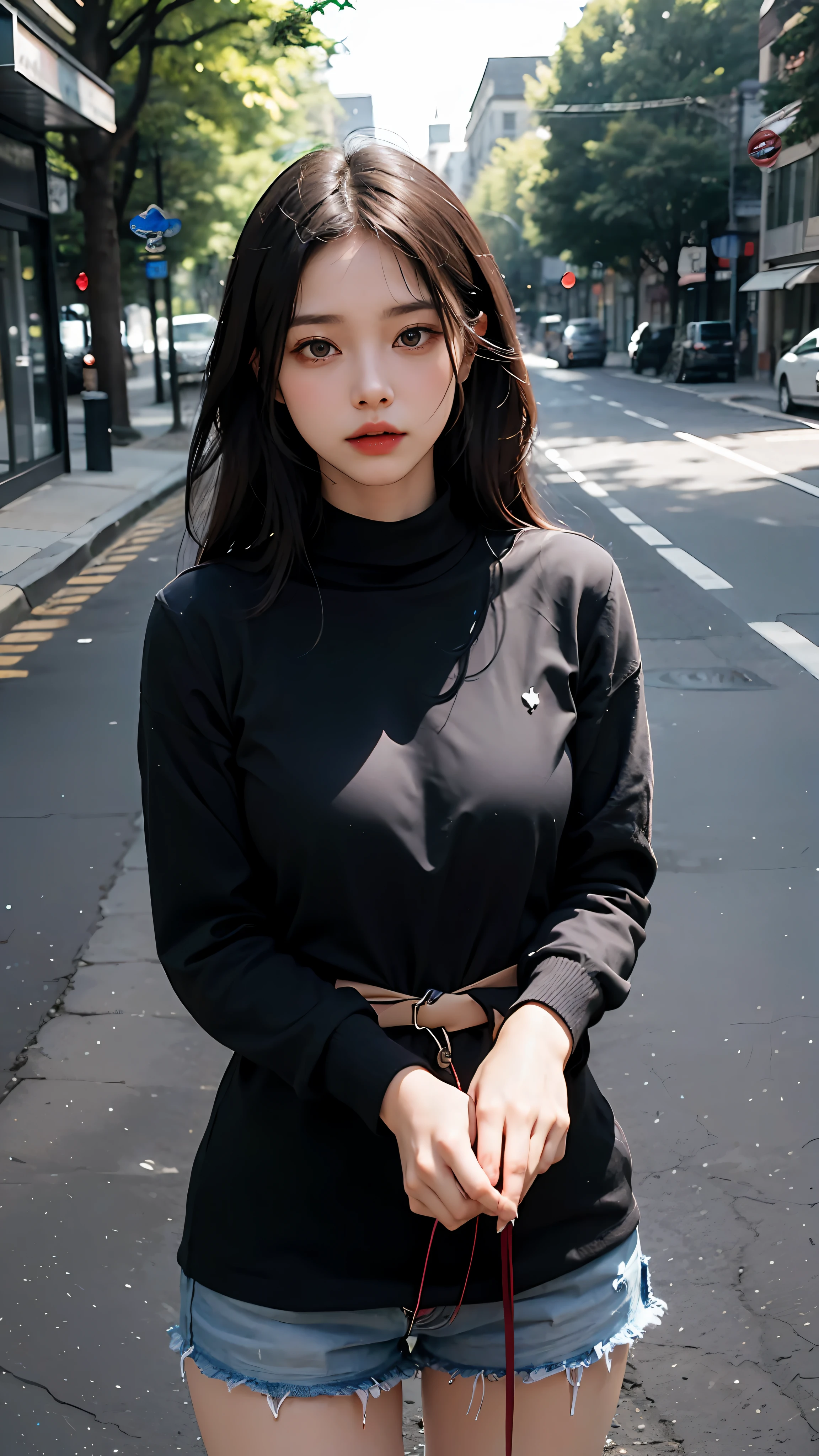 Beautiful woman fiddling with her phone in the middle of the street, short clothes masterpiece, best quality, masterpiece, (1girl), (LLChar), evil witch, dark energy, void, empty eyes, (extreme evil), black magic, dark forest, negative energy, hell, void, stars, black hair,