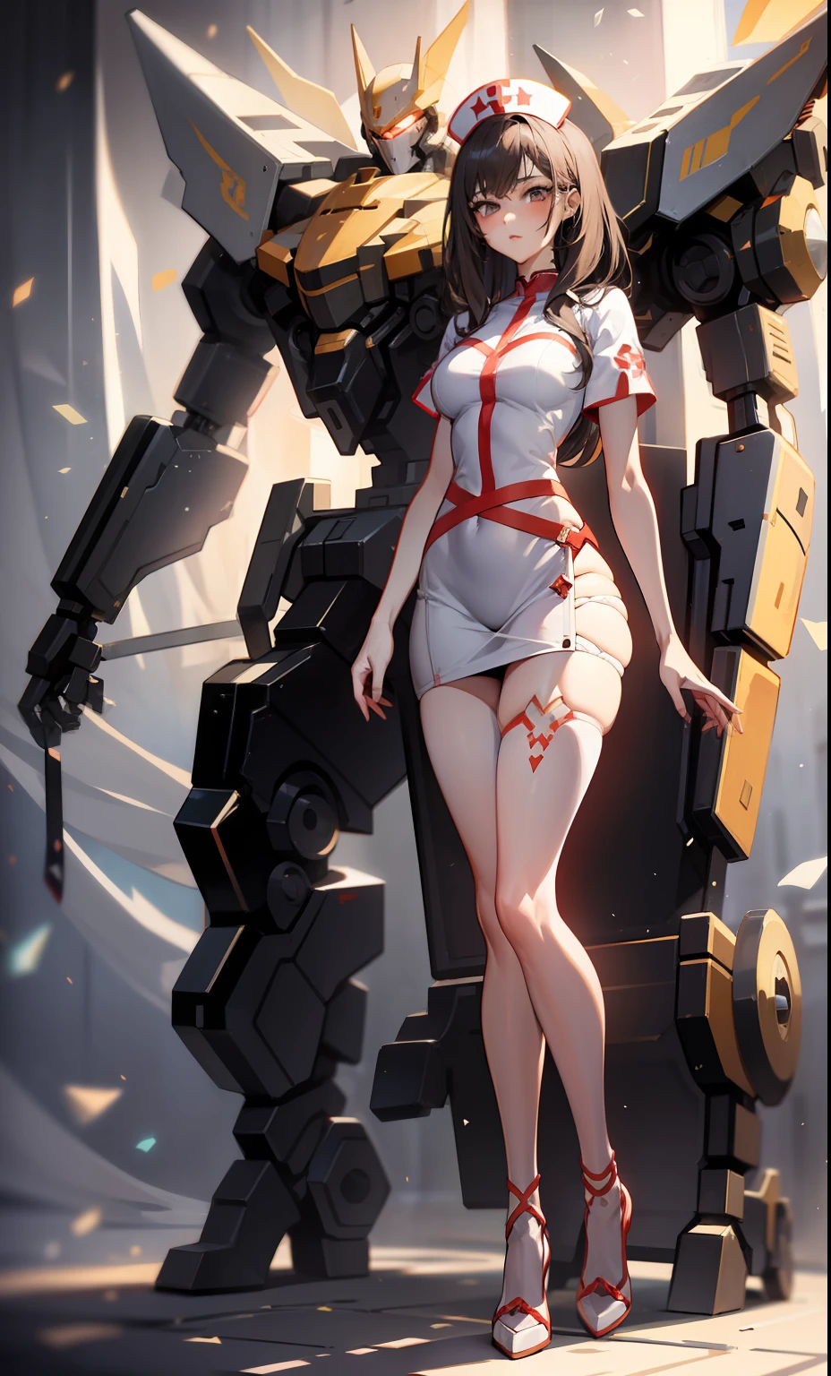 Infirmary, curtains, 1girl, full body photos, mecha nurse, white dress, long legs, dynamic pose, crystal high heels, black silk, masterpiece, best quality, very detailed