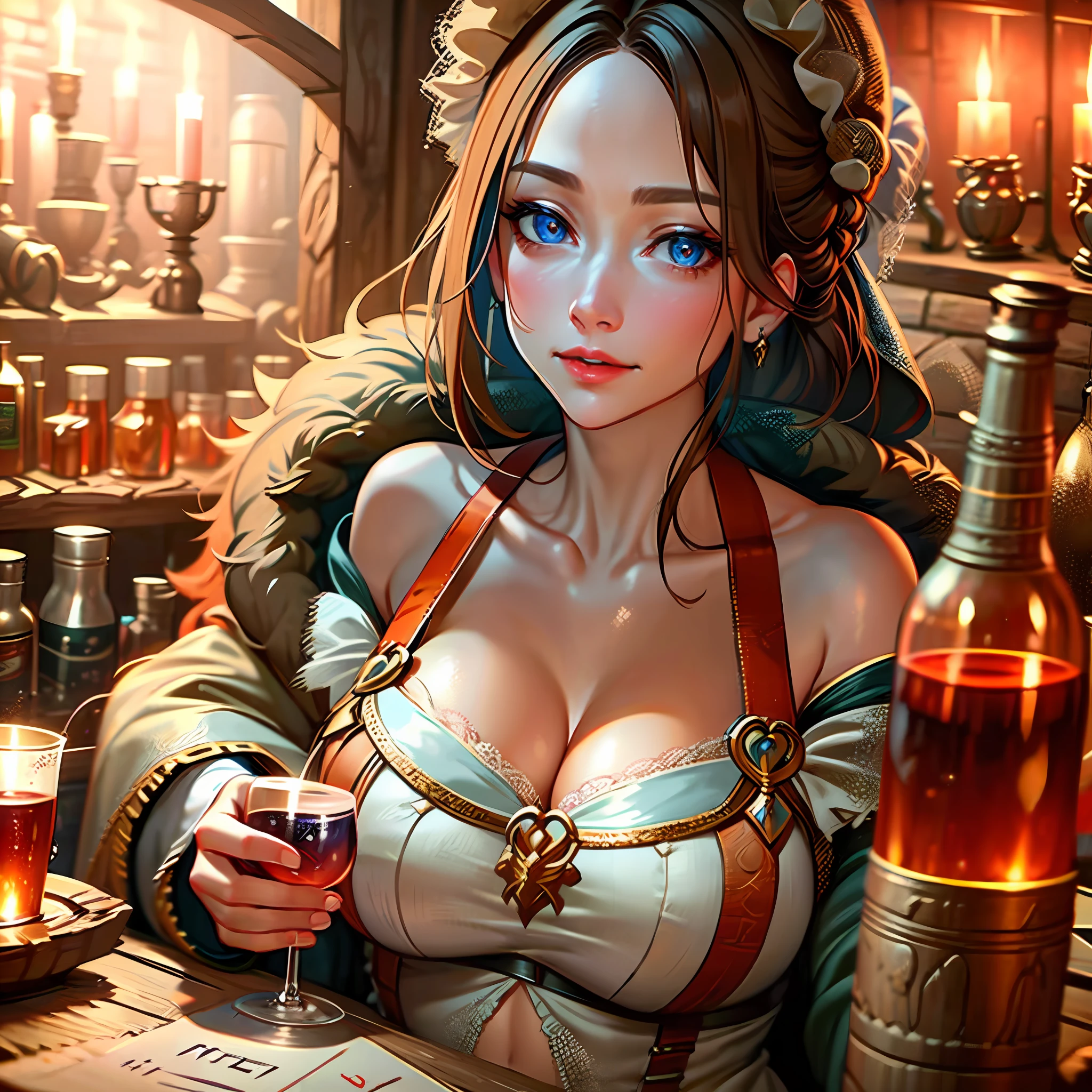 beautiful ginger women in detailed dress at cozy detailed potions shop, air above hair, IPA award wining, masterpiece