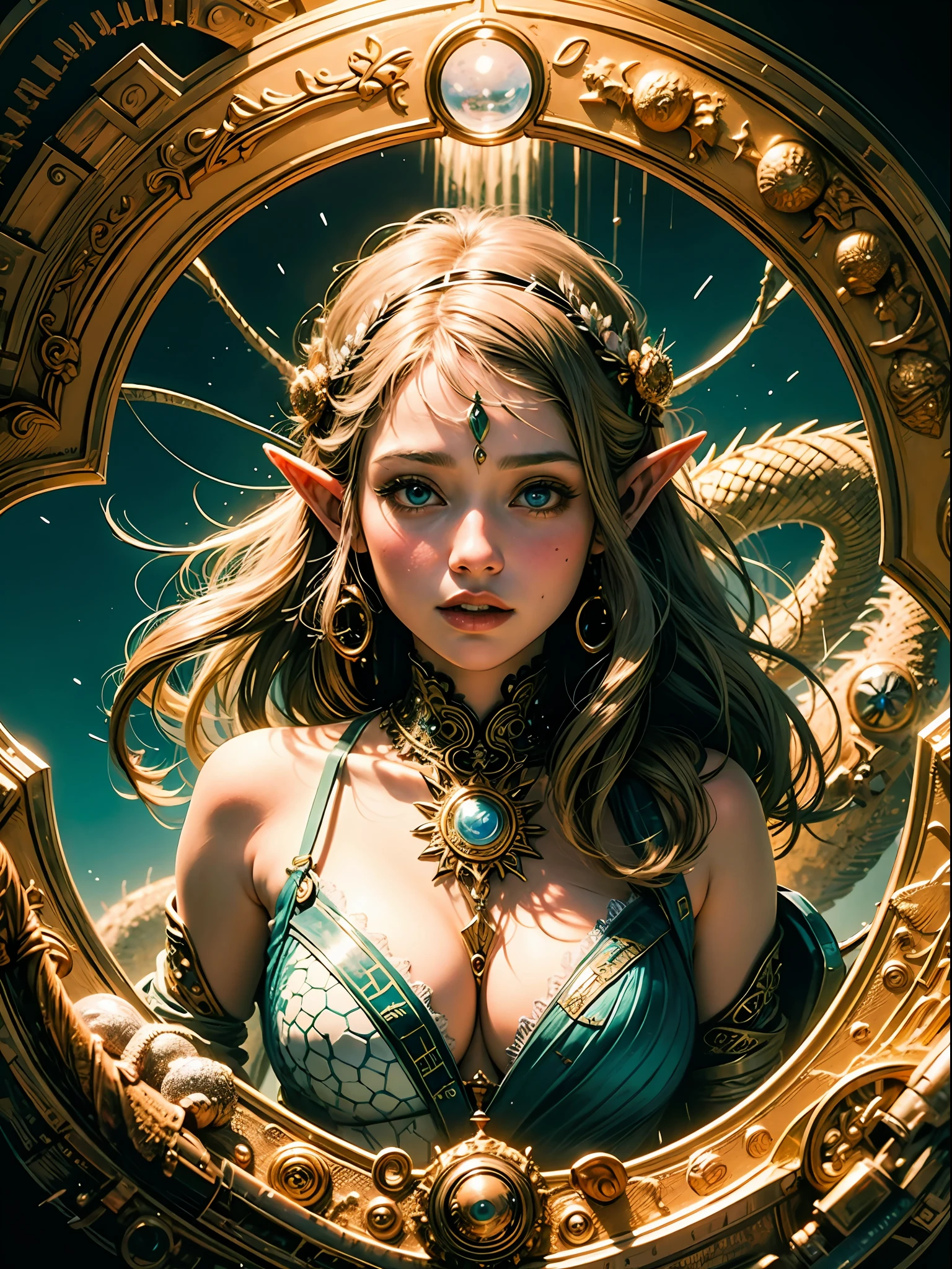 ((Beautiful Elf Maiden)), hands outstretched, 8k wallpapers, super detailed, beautiful and aesthetic, high quality, beauty, masterpiece, best quality, (zentangle, mandala, tangled, entanglement: 0.6), dynamic perspective