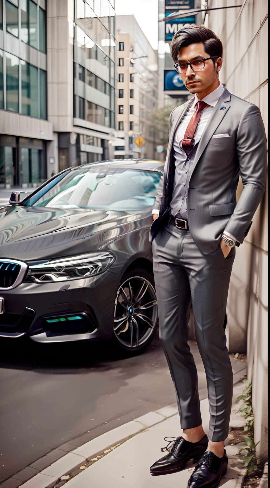 Exuding confidence and a hint of edginess, this person dons a tailored charcoal gray suit with a crisp white shirt and a slim black tie. Their outfit is completed with stylish leather shoes. Standing next to them is a sleek BMW 5 Series, reflecting the brand's blend of luxury and sportiness