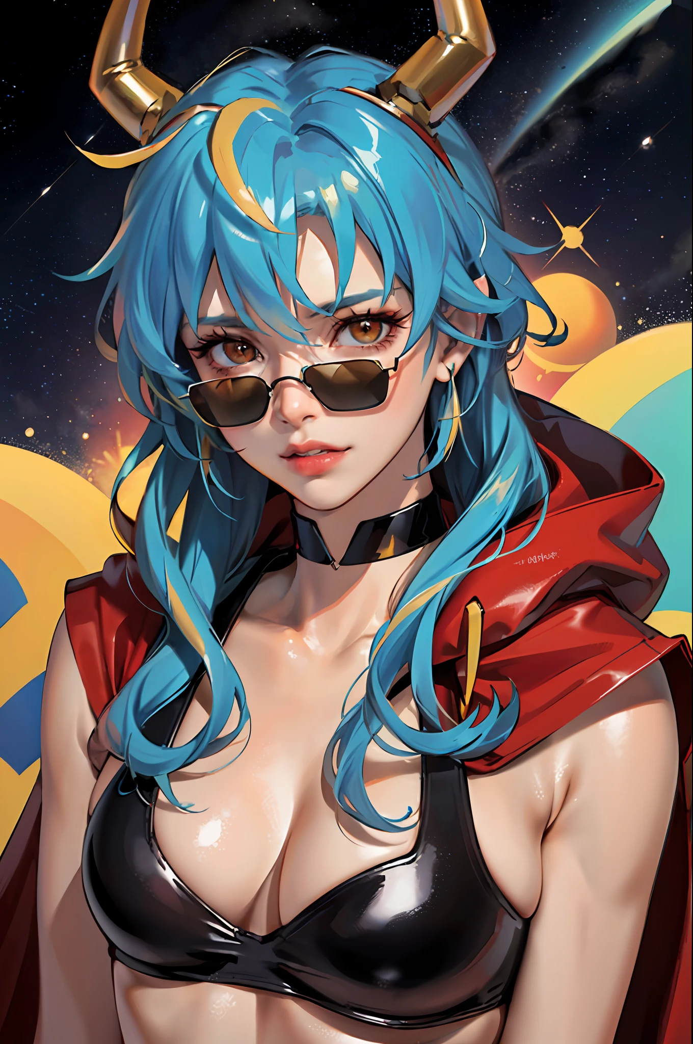 Create a detailed drawing of the character Kamin from the anime "Gurren Lagann" in a space interior. Let Kamina be depicted up close to show all the small details of his appearance. Please ensure the highest quality of work and maximum detail so that every line, shadow and texture is clear and realistic. Apply a clear focus to especially reflect Kamin's facial expressions and his characteristic features, such as amber gloss on his hair and red cloak. Let the cosmic surroundings around him be spectacular, with stars, planets or cosmic constellations enhancing his heroic appearance. Red sunglasses, colorful crystals, Please make the drawing accurate according to the appearance of Fireplace from the anime Gurren Lagann. Panama, Yocco, Wolf Ears