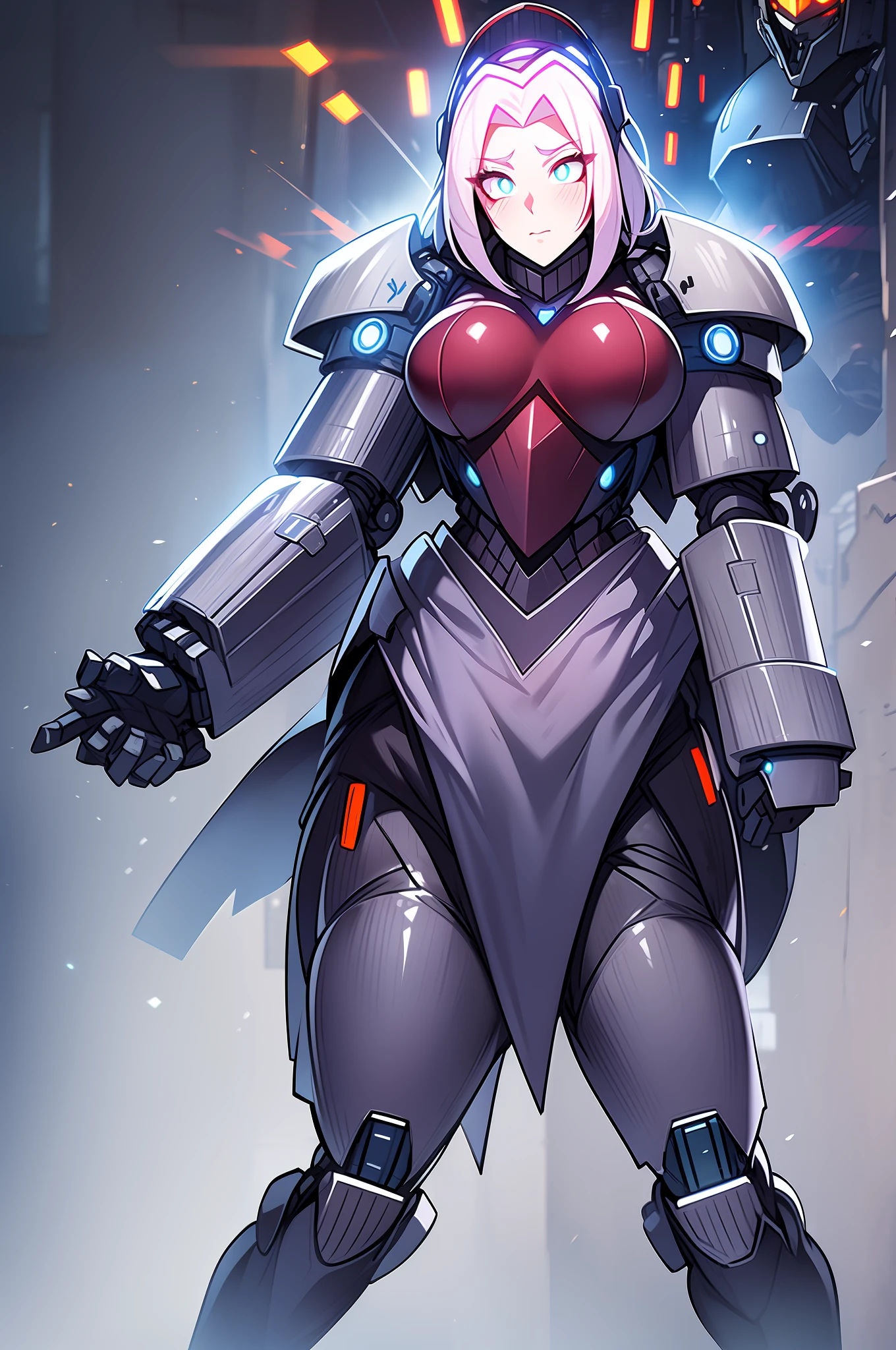 Girl fully-enveloped by cyber armor, encased from head-to-toe in heavy thick cybernetic armor, heavy armor, heavy mechsuit armor, plugsuit encased in armor, mechsuit armor, female eyes visible from visor, face from helmet looking at camera, human female eyes within mask with shock