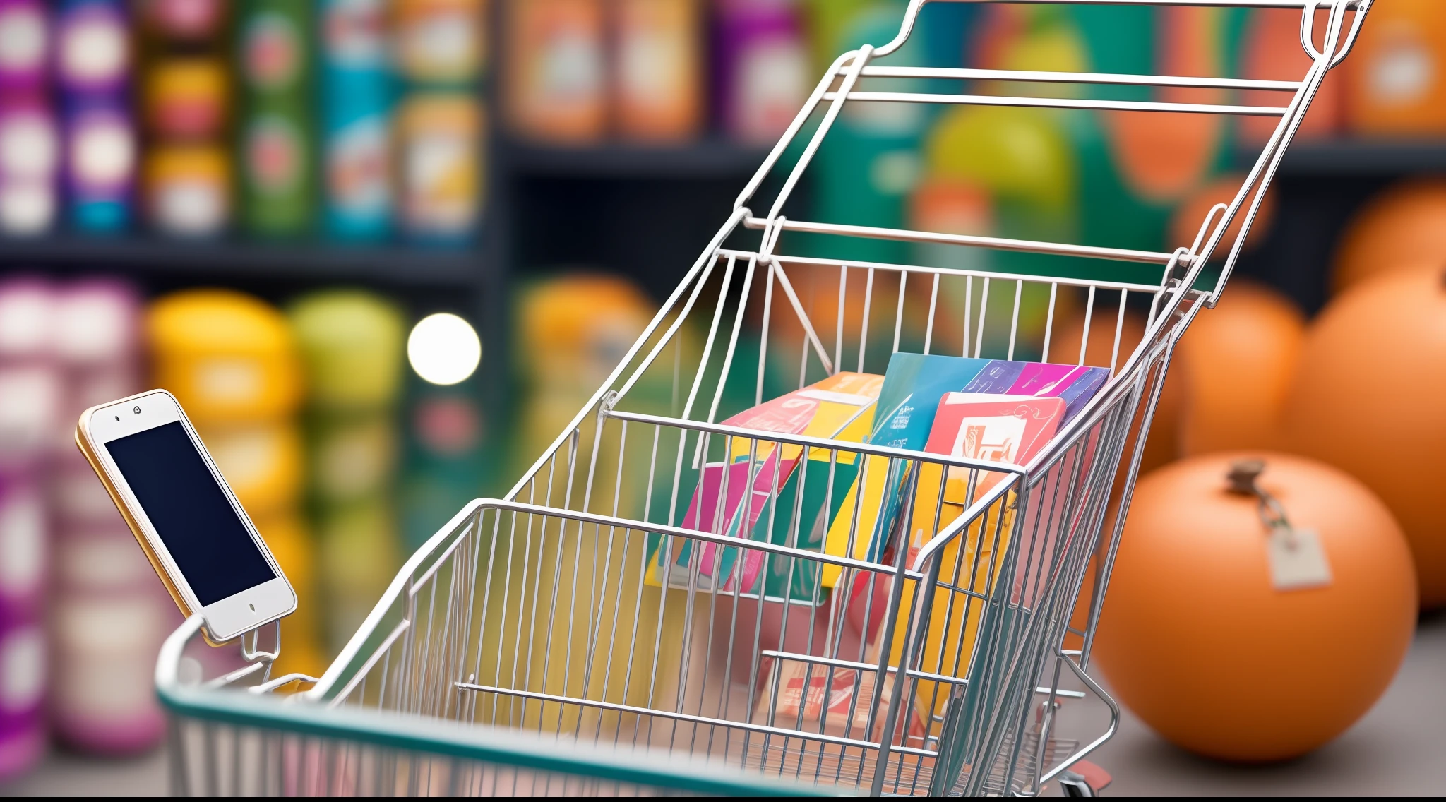"Stunning shopping cart with a gleaming smartphone inside, shelves filled with colorful and vibrant products, perfect lighting, cheerful atmosphere, a symmetrical and impeccable composition."