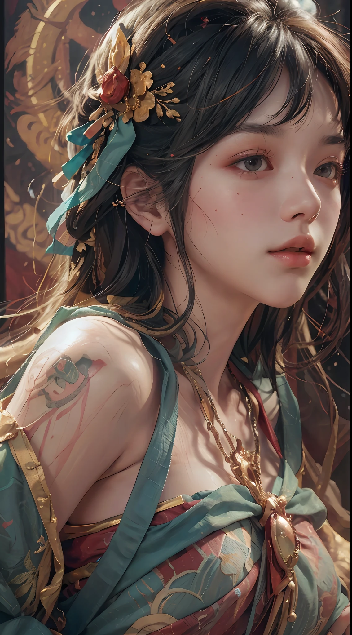 (RAW photo, best quality), (realistic, photo-realistic:1.3),best quality,highly detailed,masterpiece,ultra-detailed,illustration,1girl,upper_body,dynamic angle,world masterpiece theater,messy_long_hair,best quality,extremely detailed CG unity 8k wallpaper,ink,Amazing,cinematic lighting,lens_flare, dunhuang_style