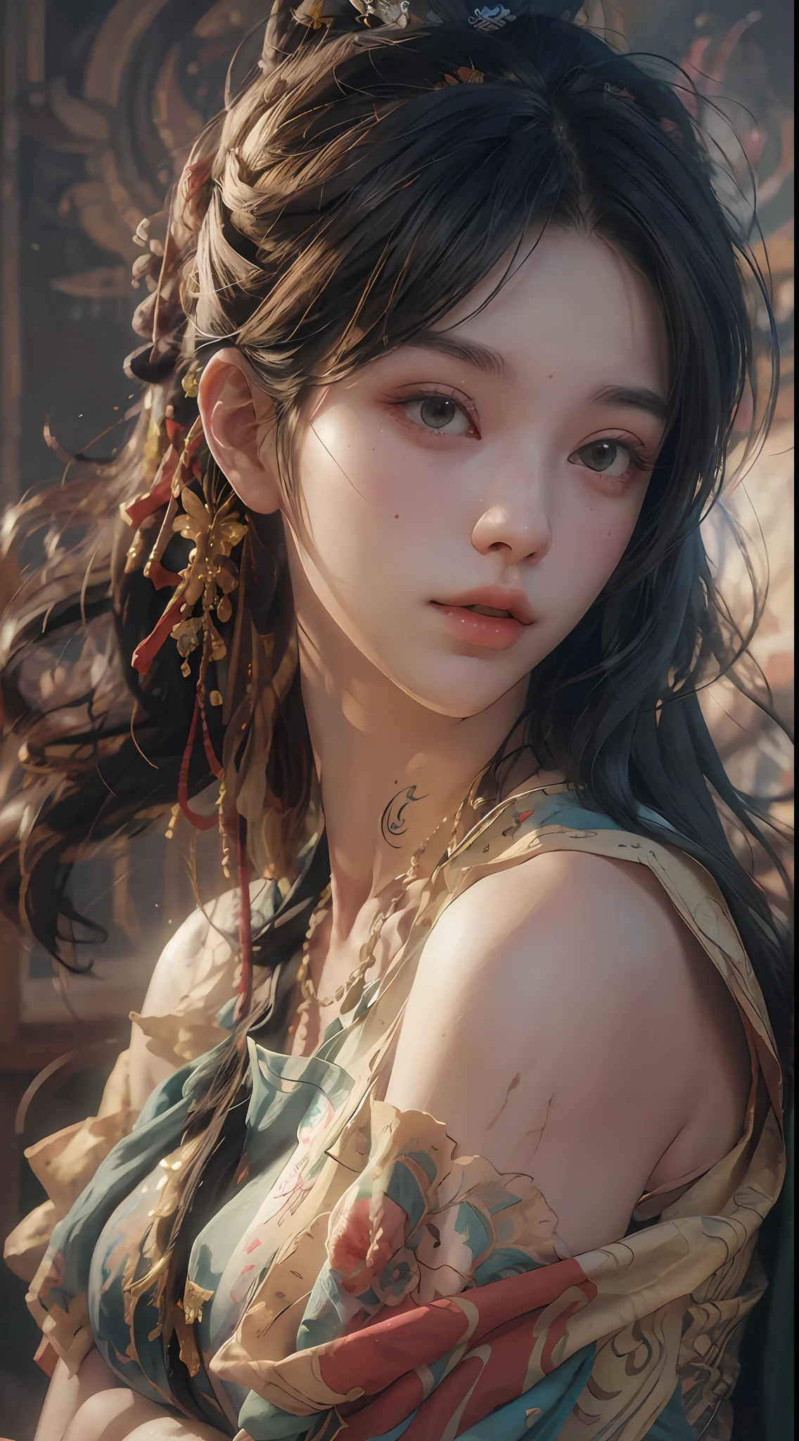 (RAW photo, best quality), (realistic, photo-realistic:1.3),best quality,highly detailed,masterpiece,ultra-detailed,illustration,1girl,upper_body,dynamic angle,world masterpiece theater,messy_long_hair,best quality,extremely detailed CG unity 8k wallpaper,ink,Amazing,cinematic lighting,lens_flare, dunhuang_style