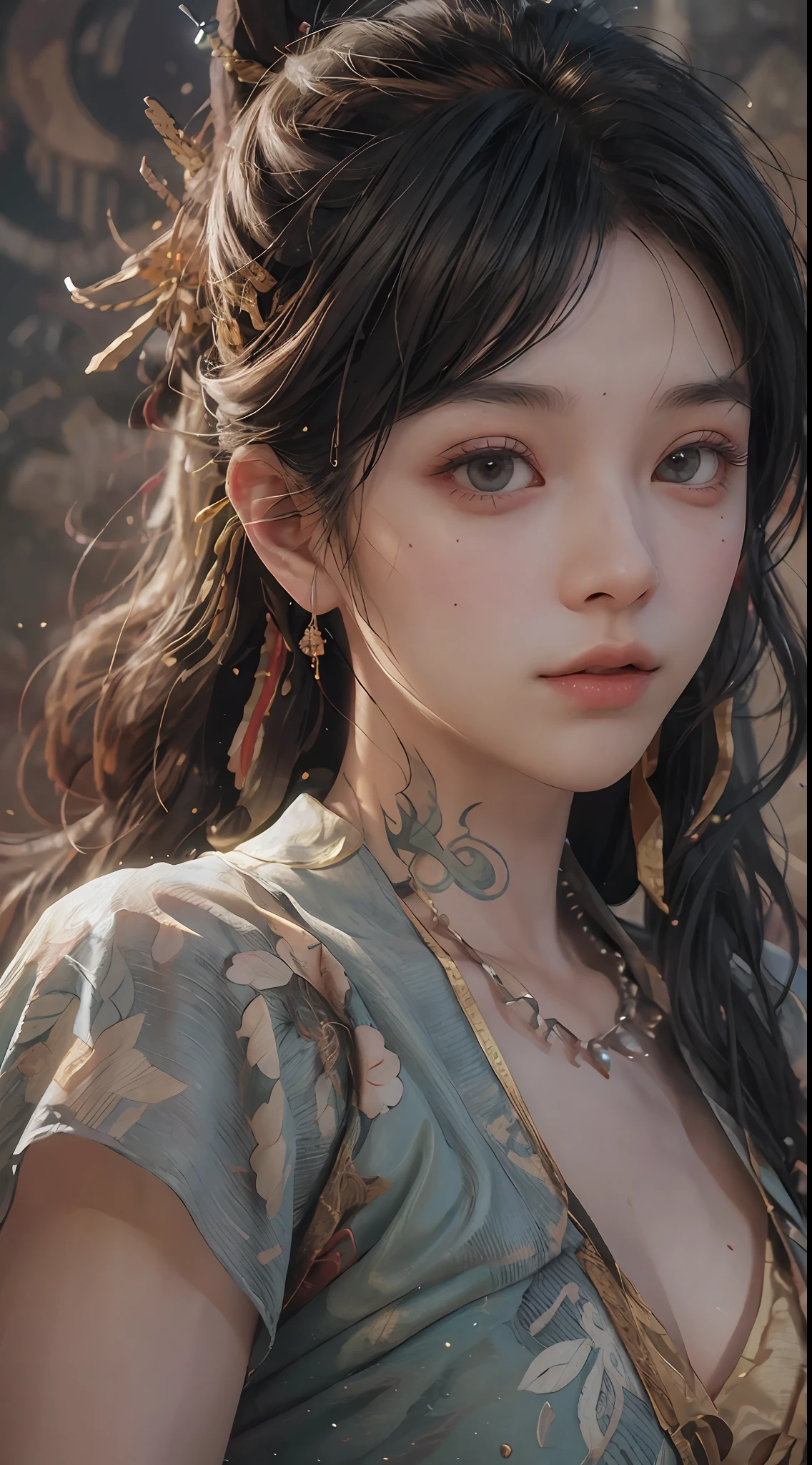 (RAW photo, best quality), (realistic, photo-realistic:1.3),best quality,highly detailed,masterpiece,ultra-detailed,illustration,1girl,upper_body,dynamic angle,world masterpiece theater,messy_long_hair,best quality,extremely detailed CG unity 8k wallpaper,ink,Amazing,cinematic lighting,lens_flare, dunhuang_style
