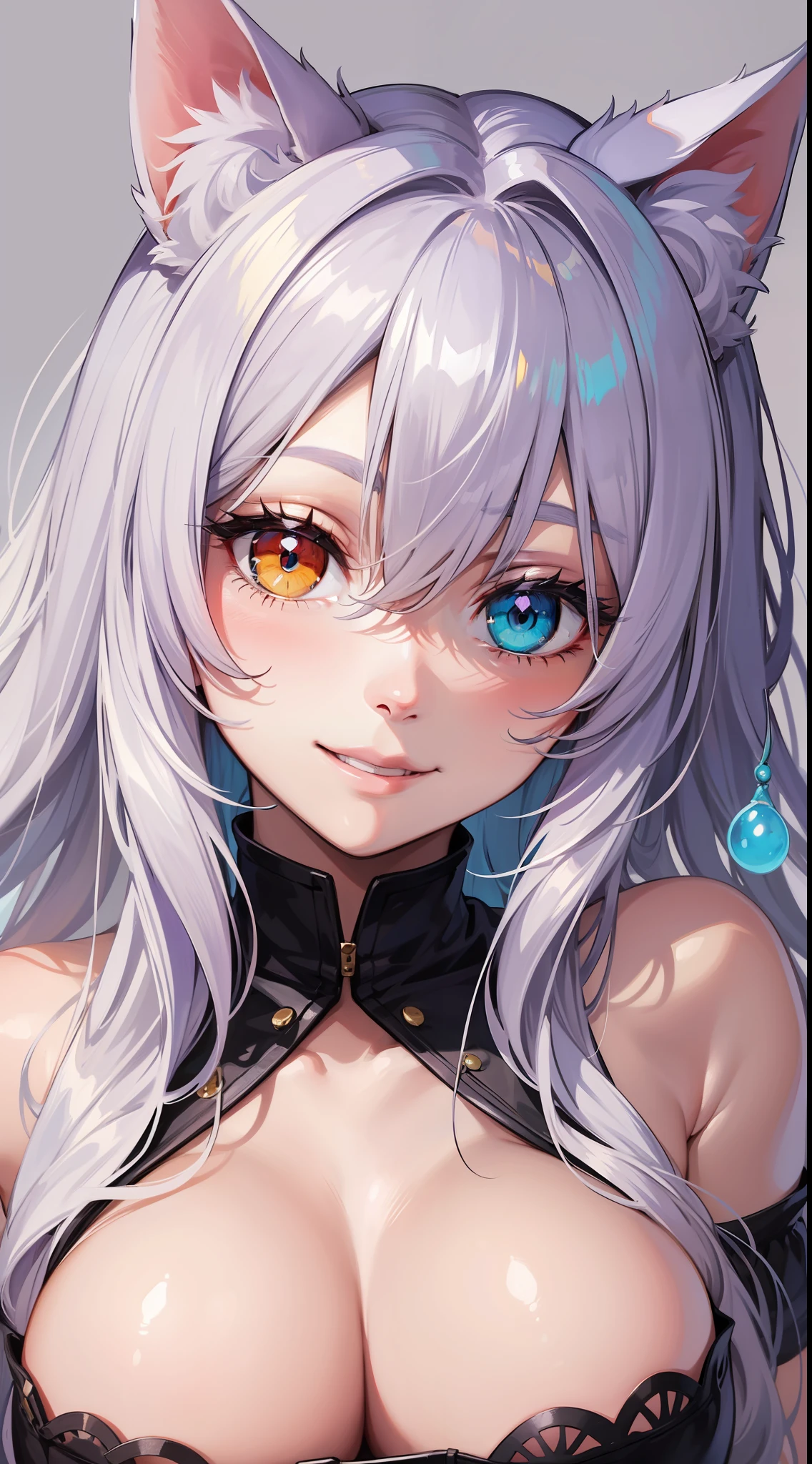 Young, long white hair, heterochromia, (left eye blue, right eye purple), white cat ears, turquoise top, open chest, big breasts, smile, masterpiece, high quality