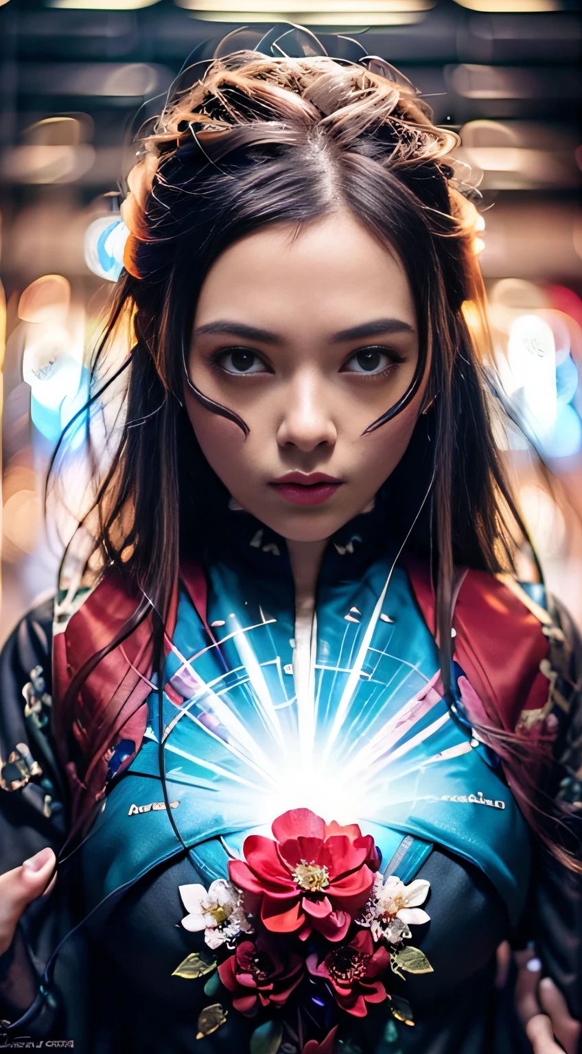 girl, war, special effects, magician, detail, monster, movie lighting, atmospheric perspective, 8k, super detail, high detail, high detail, high quality, high resolution, masterpiece, blue red-green gold silver white pink flashy costume, uninhabited tokyo city shinjuku,