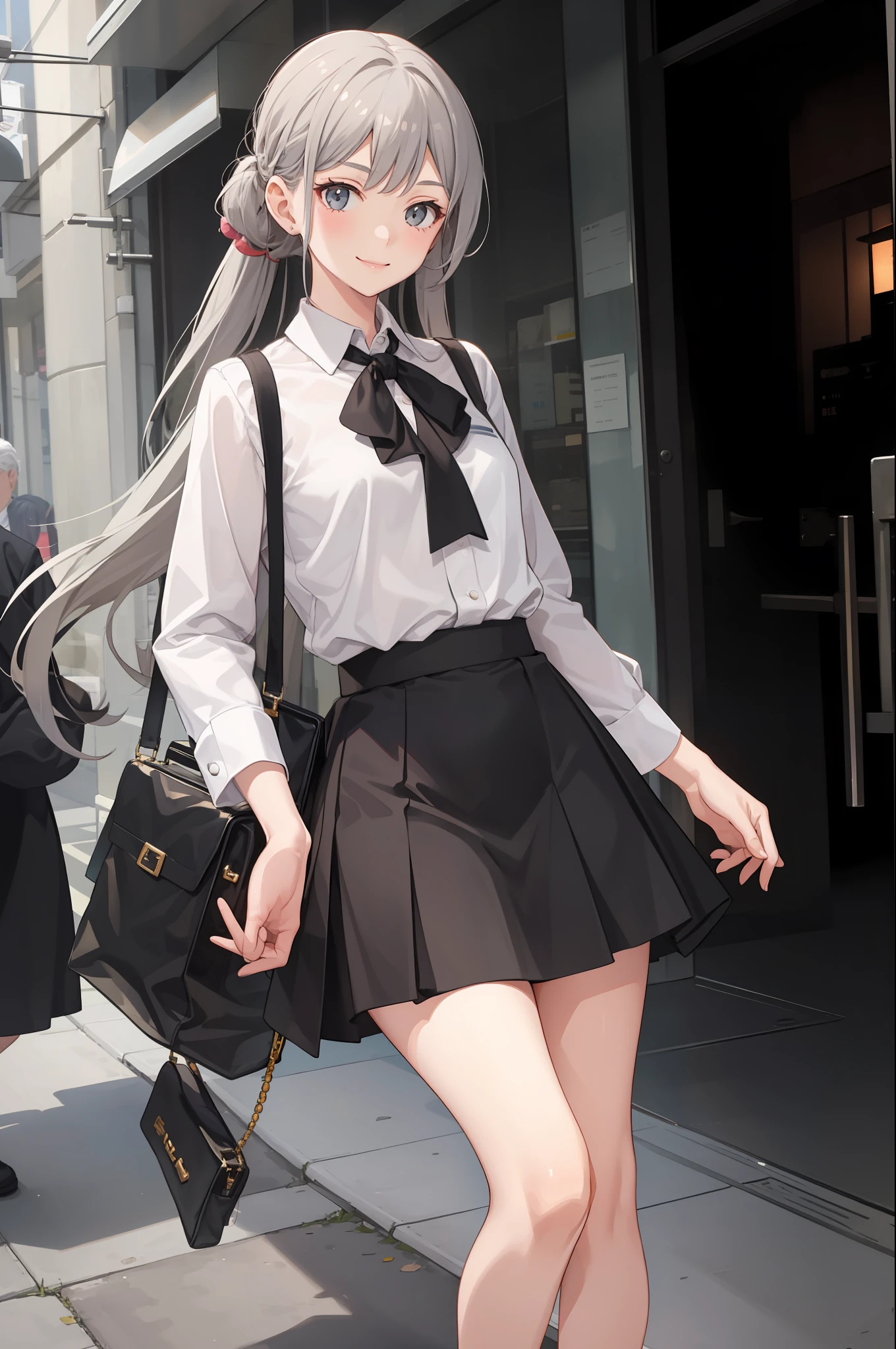 1 girl, smile, shirt, skirt, (small) chilarism, gray hair,