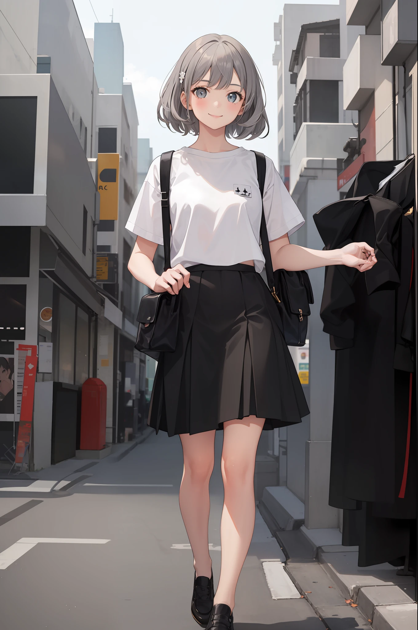 1 girl, smile, shirt, skirt, (small) chilarism, gray hair,