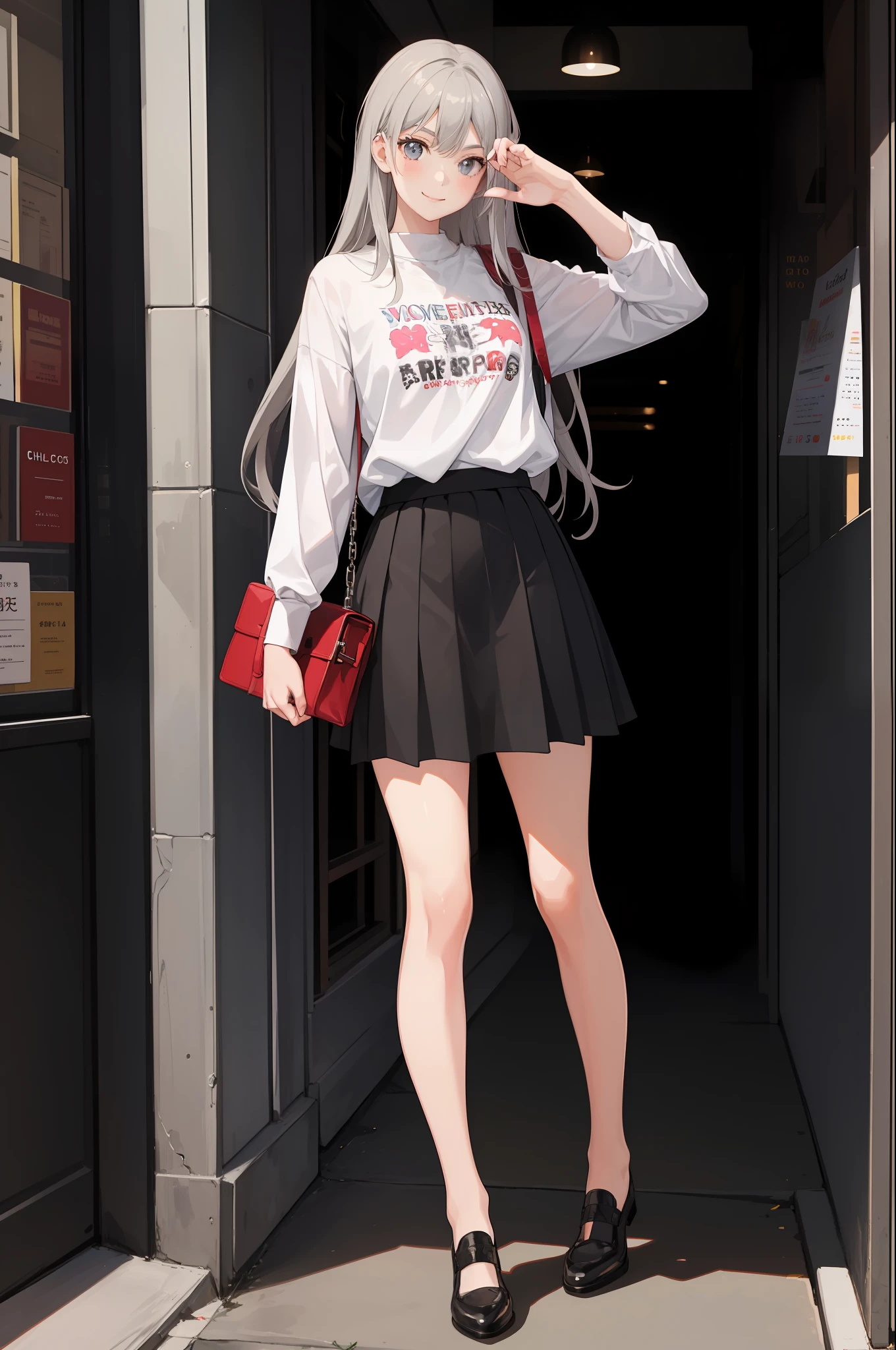 1 girl, smile, shirt, skirt, (small) chilarism, gray hair,