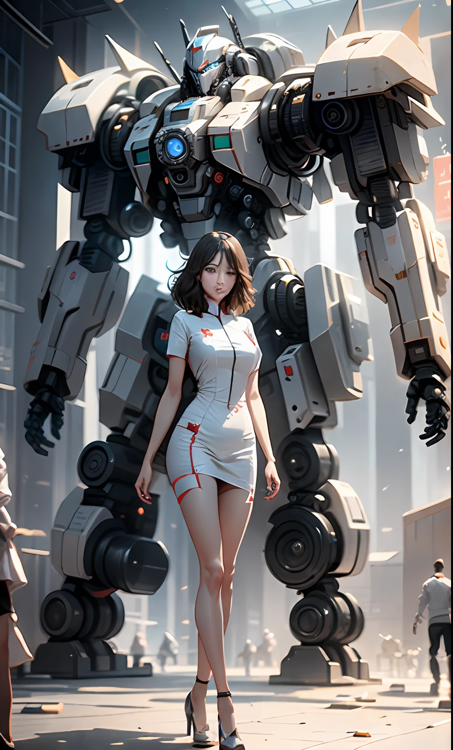Infirmary, curtains, 1girl, full body photo, mecha nurse, medical nurse beauty, mecha white dress, long legs, dynamic pose, crystal high heels, black silk, behind him is a Crusader medical treatment robot, rear supply force machine, carrying a huge mechanical syringe, typical medical maintenance machine design, masterpiece, the best quality, very detailed