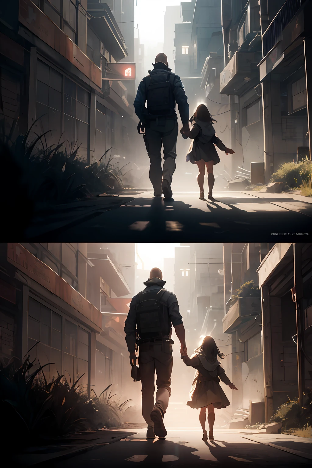 a man and a woman walking down a path with a child, matte painting portrait shooting, cinematic photography concept art, cinematic lighting, 3D render and matte painting, matte cinematic illustration, photorealistic film still, cinematic realistic photo, cinematic contrasted lighting, emotional concept art, post-cinematic process, conceptual art, realistic art style, with cinematic lighting