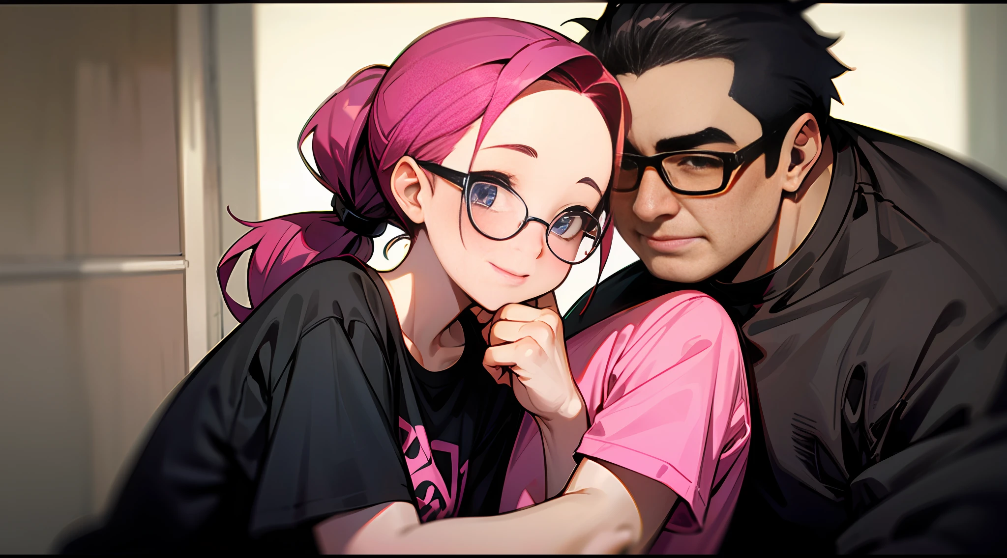 A cute girl with a big forehead, a beautiful face, wearing a pink casual T-shirt top, holding a fat boy in one hand, the boy has a short ponytail hairstyle, and black-framed glasses, and the two look at each other --auto