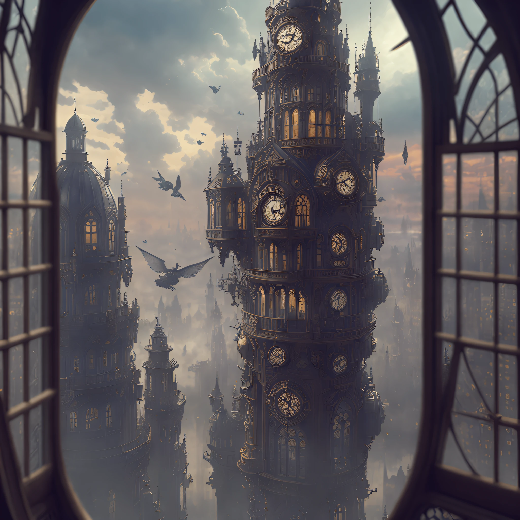 there is a clock tower with a clock on it in the middle of a city, victorian steampunk city vista, in steampunk cityscape, victorian steampunk mega city, steampunk city, ancient steampunk city, 3d rendered steampunk, steampunk city on the background, giant imposing steampunk tower, golden steampunk city atmosphere, a steampunk city, steampunk city background, victorian city, fantasy cityscape