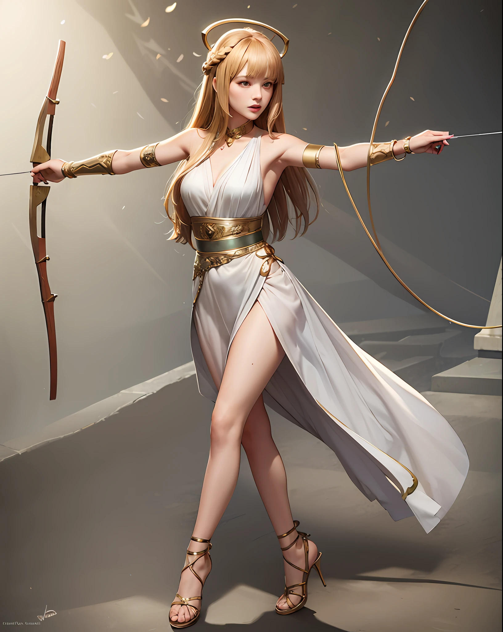 greek clothes, peplos, 1girl, solo, weapon, long hair, bow \(weapon\), holding, holding bow \(weapon\), halo, arrow \(projectile\), holding weapon, gladiator sandals, blonde hair, jewelry, sandals, star \(symbol\), breasts, bracelet, nail polish, green eyes, toeless footwear, high heels, bangs, full body, outstretched arm, armpits, medium breasts, quiver, two side up, armlet, drawing bow, holding arrow, toenail polish
