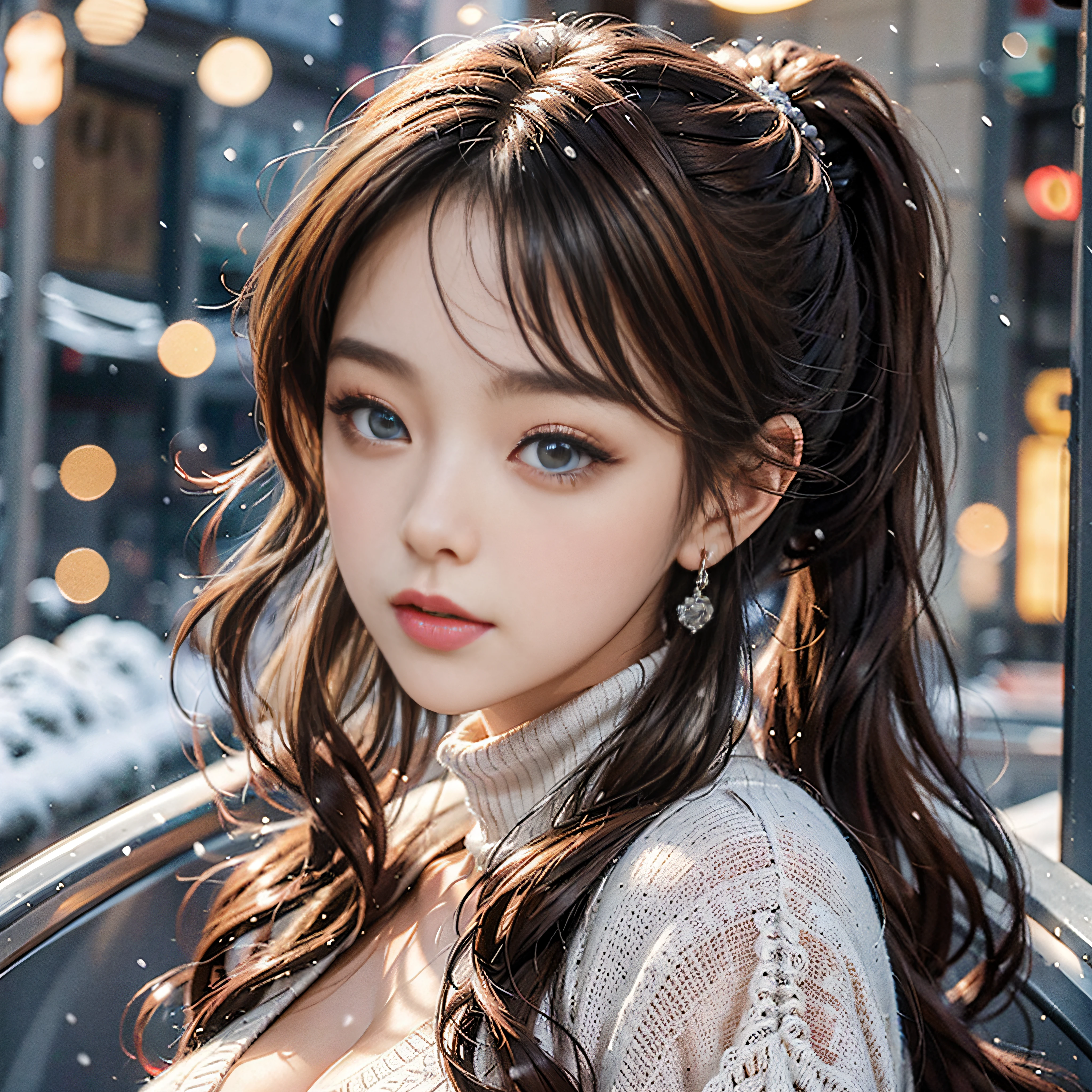 (Top Quality Detail: 1.2), Realistic, 8K UHD, High Definition, (1 Girl: 1.2), Super Detail, High Quality Texture, Complex Detail, Detail, Very Detail CG, High Quality Shadows, Detail Beautiful Delicate Face, Detail Beautiful Delicate Eyes, Depth of Field, Ray Tracing, 20s, Pretty Kpop Girl, (Korea: Ulsan Face: 1.1), slender body, (ulzzang-6500-v1.1:0.6), PureErosFace_V1, glowing eyes, blush, shiny lips, perfect body, (big breasts emphasized, cleavage, sweater, pantyhose: 1.1), (brown hair, ponytail: 1.1), winter_street, snow_particle, Christmas, looking at the camera,