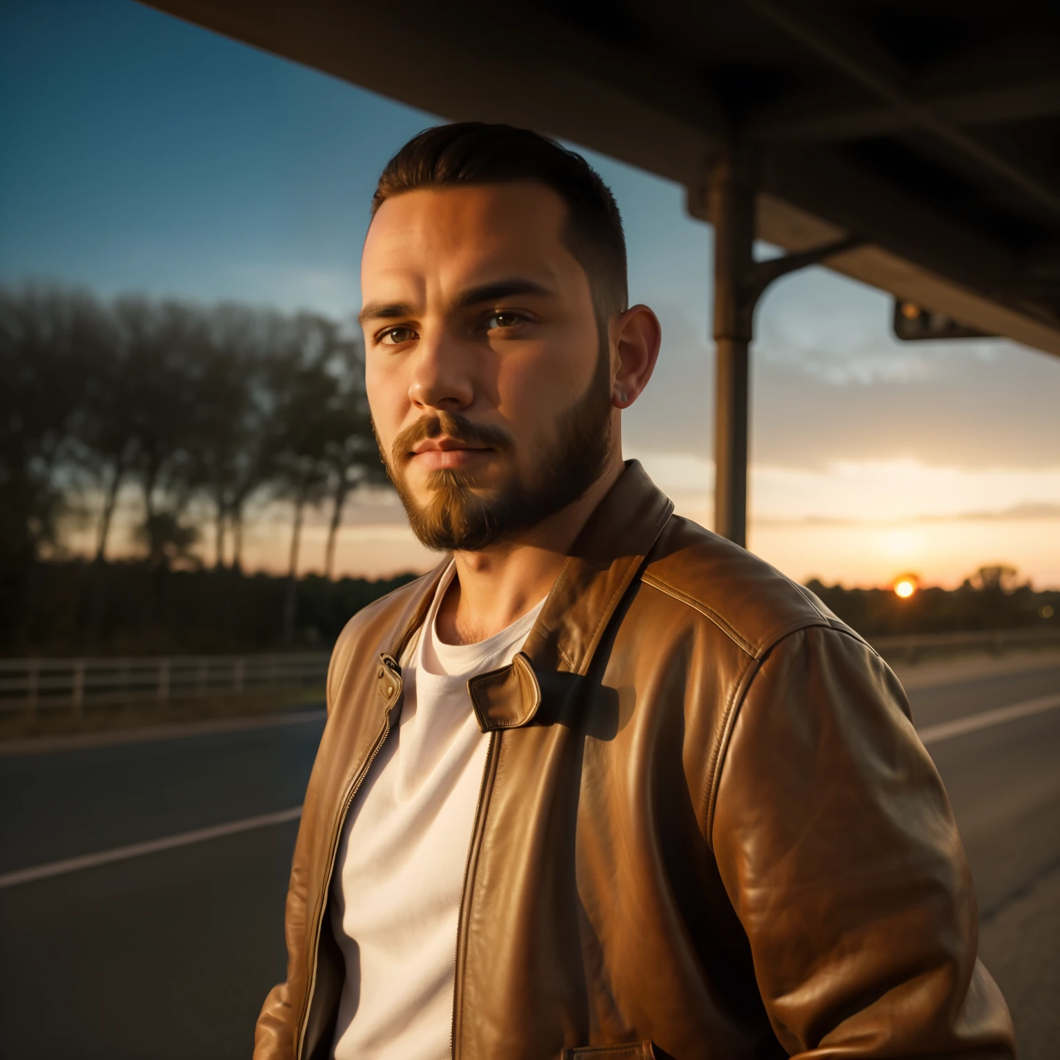 Portrait of a handsome man, with a leather jacket, harmonious face, stylish, serious, beautiful beard, on the road, sunset light