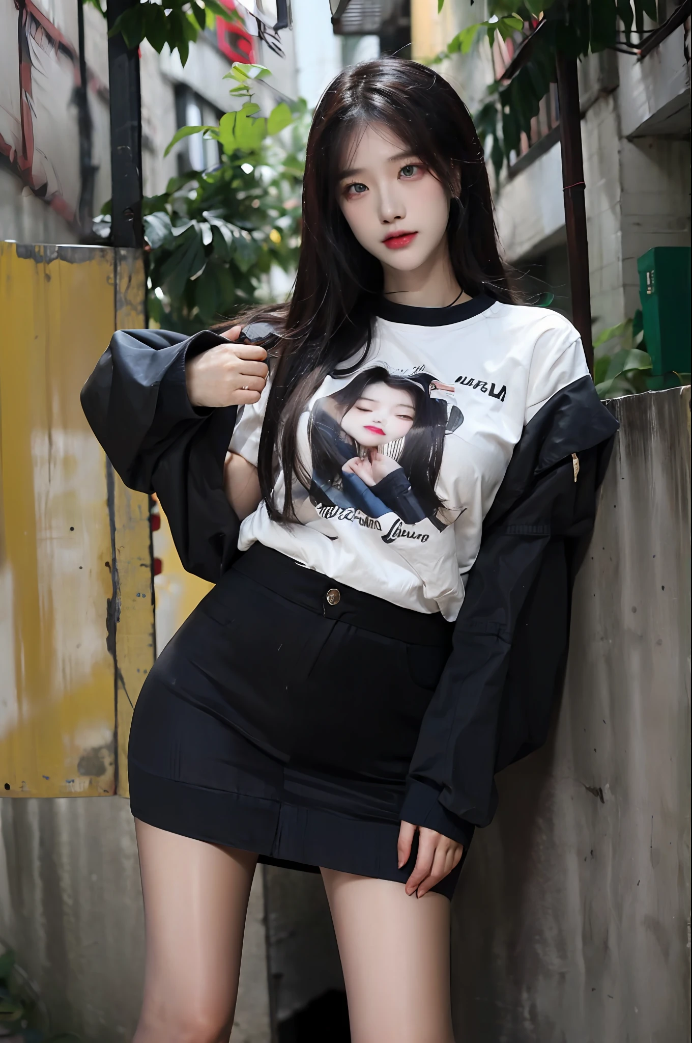 ((masterpiece, best_quality)), 1girl, (真实感:1.4), solo, white_background, black_hair, long_hair, zettai_ryouiki, skirt, ((full_body)),(((露出腰部马甲线))),(((黑丝袜)))，(((镂空胸罩)))，修长美腿,