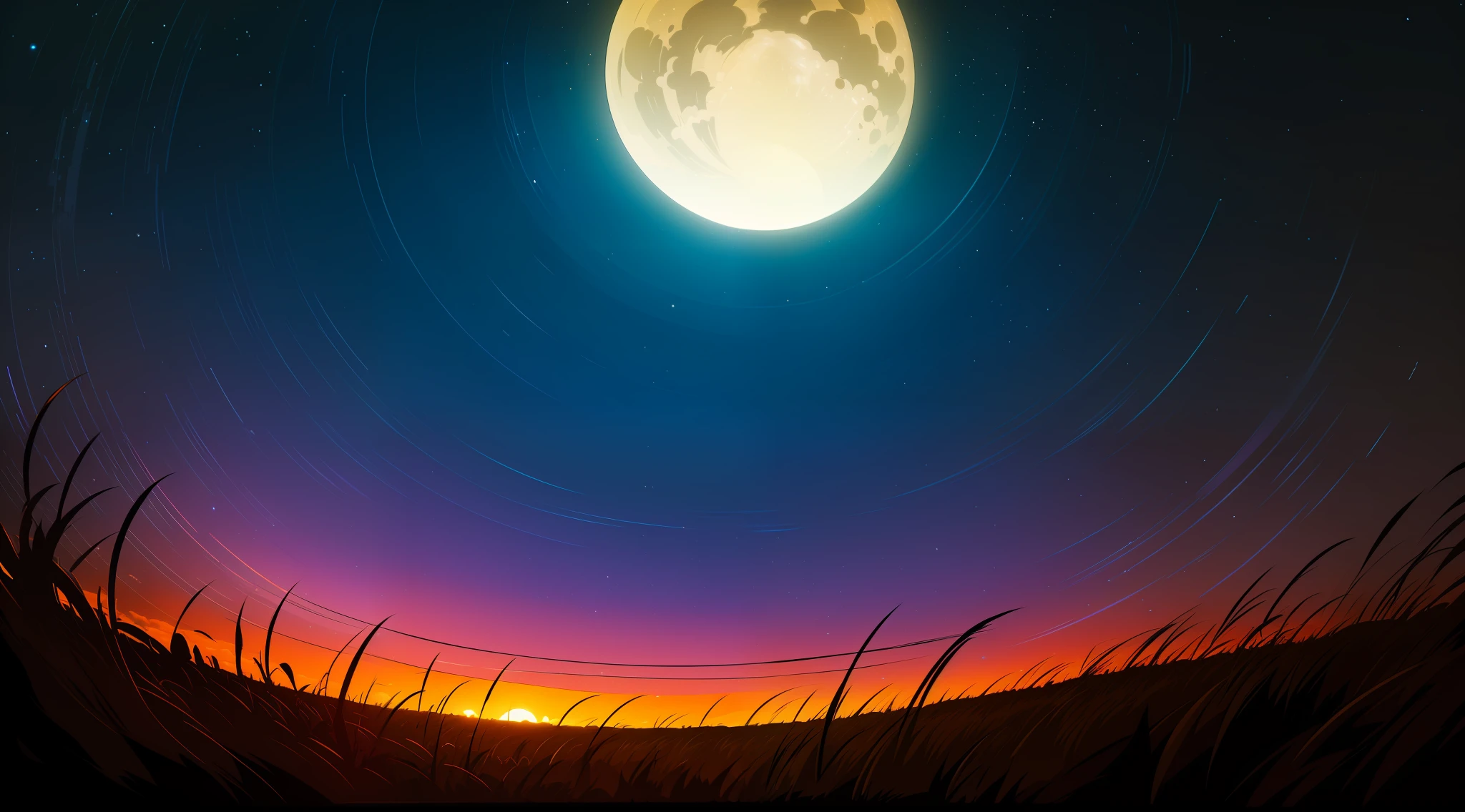 expansive landscape photograph , (a view from below that shows sky with full moon above and open field below)