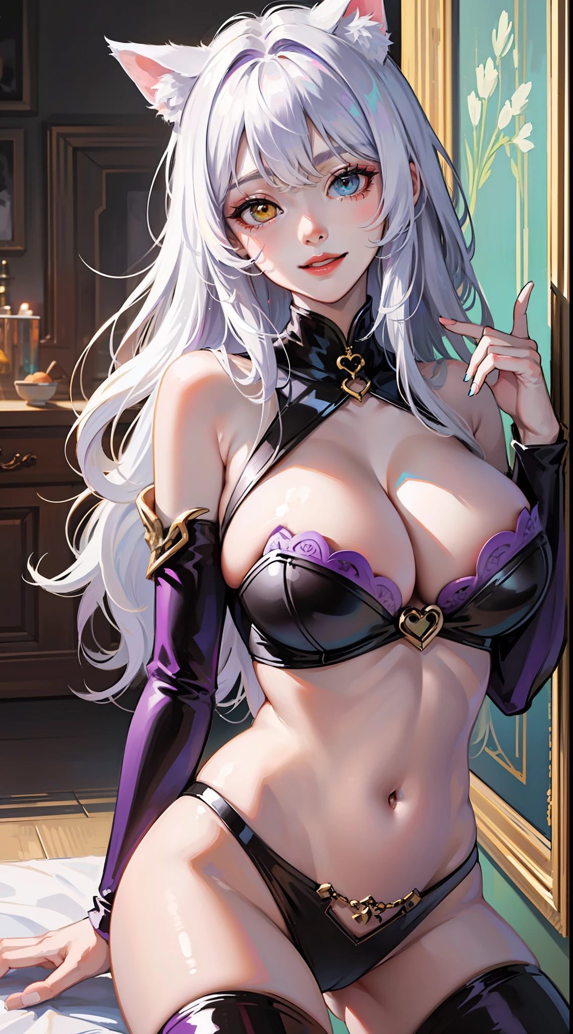 Young, long white hair, heterochromia, (left eye blue, right eye purple), white cat ears, turquoise top, open chest, big breasts, smile, masterpiece, high quality