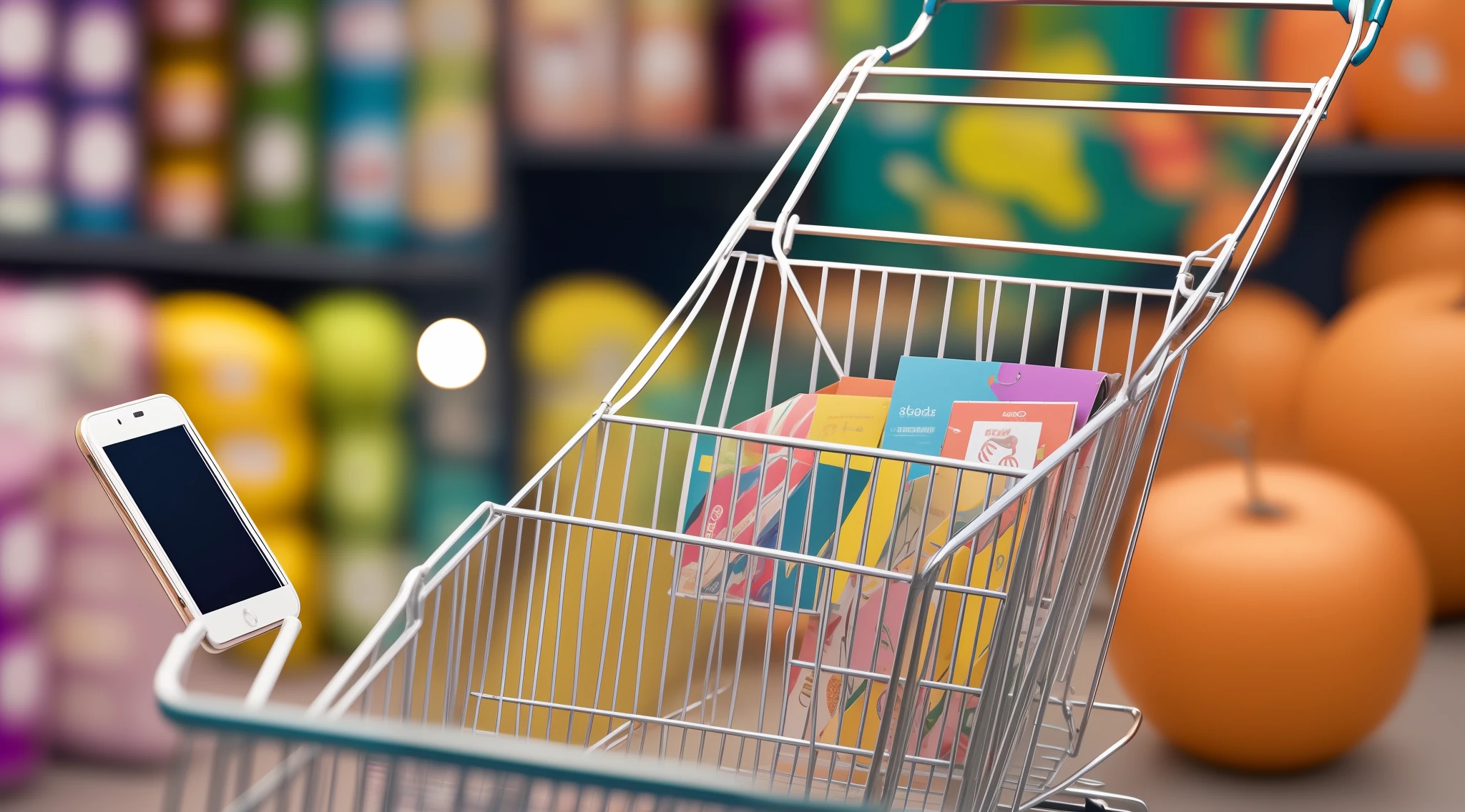 "Stunning shopping cart (symmetrical, aligned shopping cart, with straight handrests, higher sides) with a gleaming smartphone inside, shelves full of colorful and vibrant products, perfect lighting, cheerful atmosphere, a symmetrical and impeccable composition."