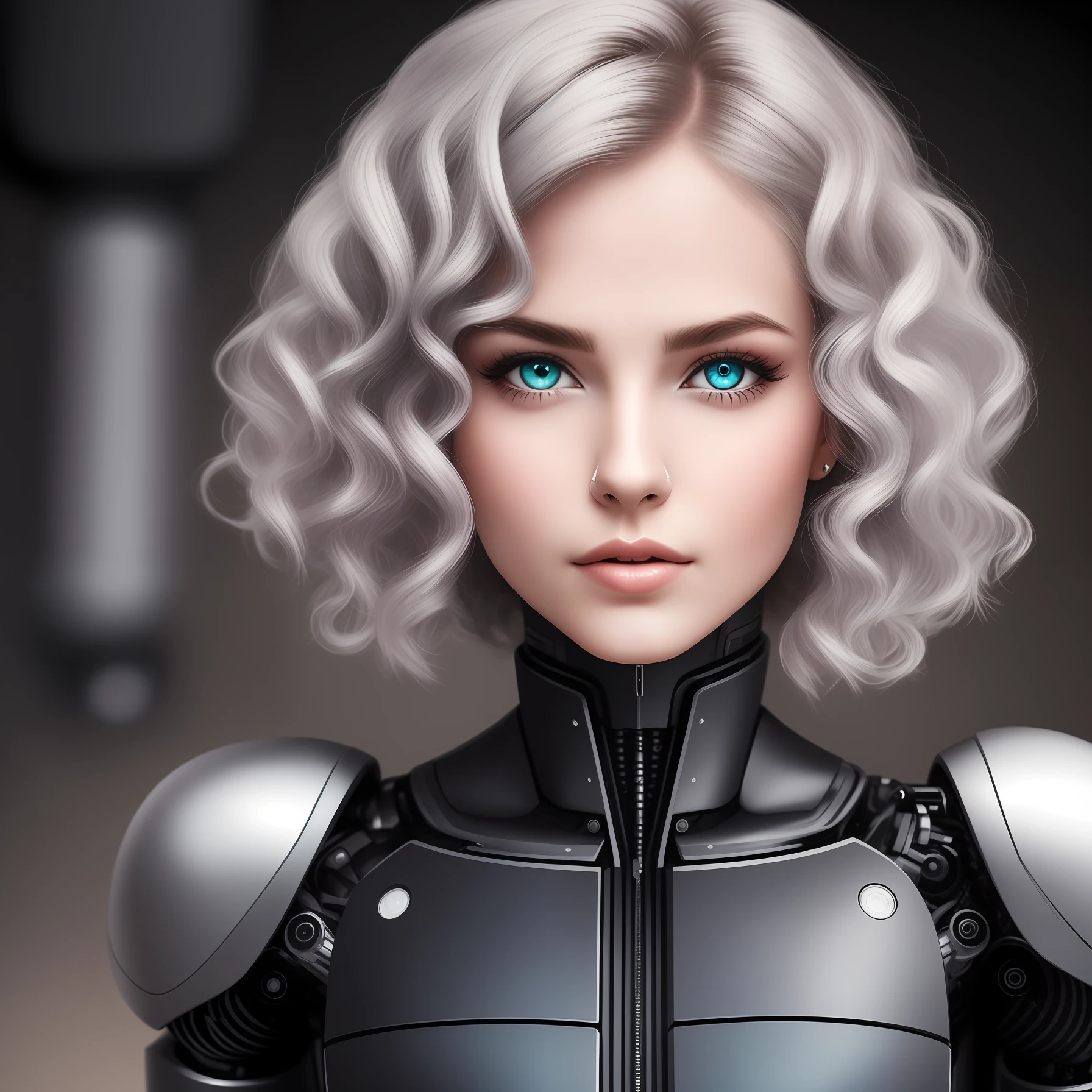 Android woman, with robot eyes, platinum colored curly hair