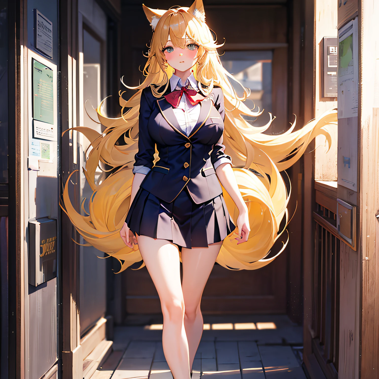 Absolutely beautiful fox charmer, perfect slim body, mature, yellow hair, large curly hair, school uniform, sexy and seductive, beautiful face, full body portrait, standing pose, 4K picture quality, big body, feminine expression, blush shyness, outrageous bust, deep eyes, huge breasts