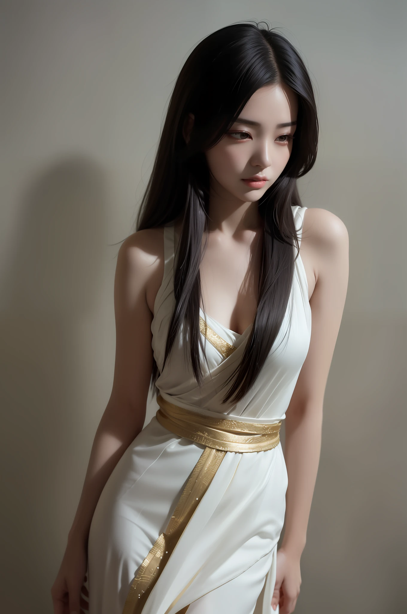 arafed woman in a white dress with a gold belt, gorgeous chinese model, tall thin beautiful goddess, gorgeous young korean woman, japanese goddess, chinese girl, beautiful young korean woman, beautiful south korean woman, full body xianxia, wearing white silk, korean women's fashion model, a stunning young ethereal figure, a young asian woman, sha xi